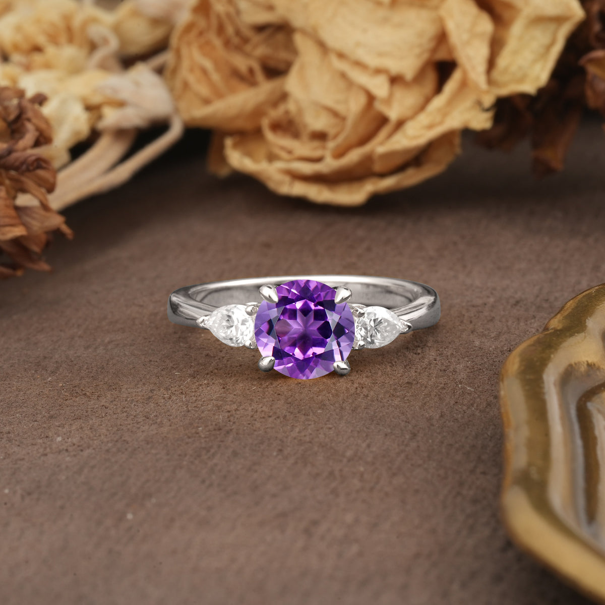 Classic, Luxurious 4-Prong Pear Cut Amethyst Three Stone Engagement Ring - Additional view