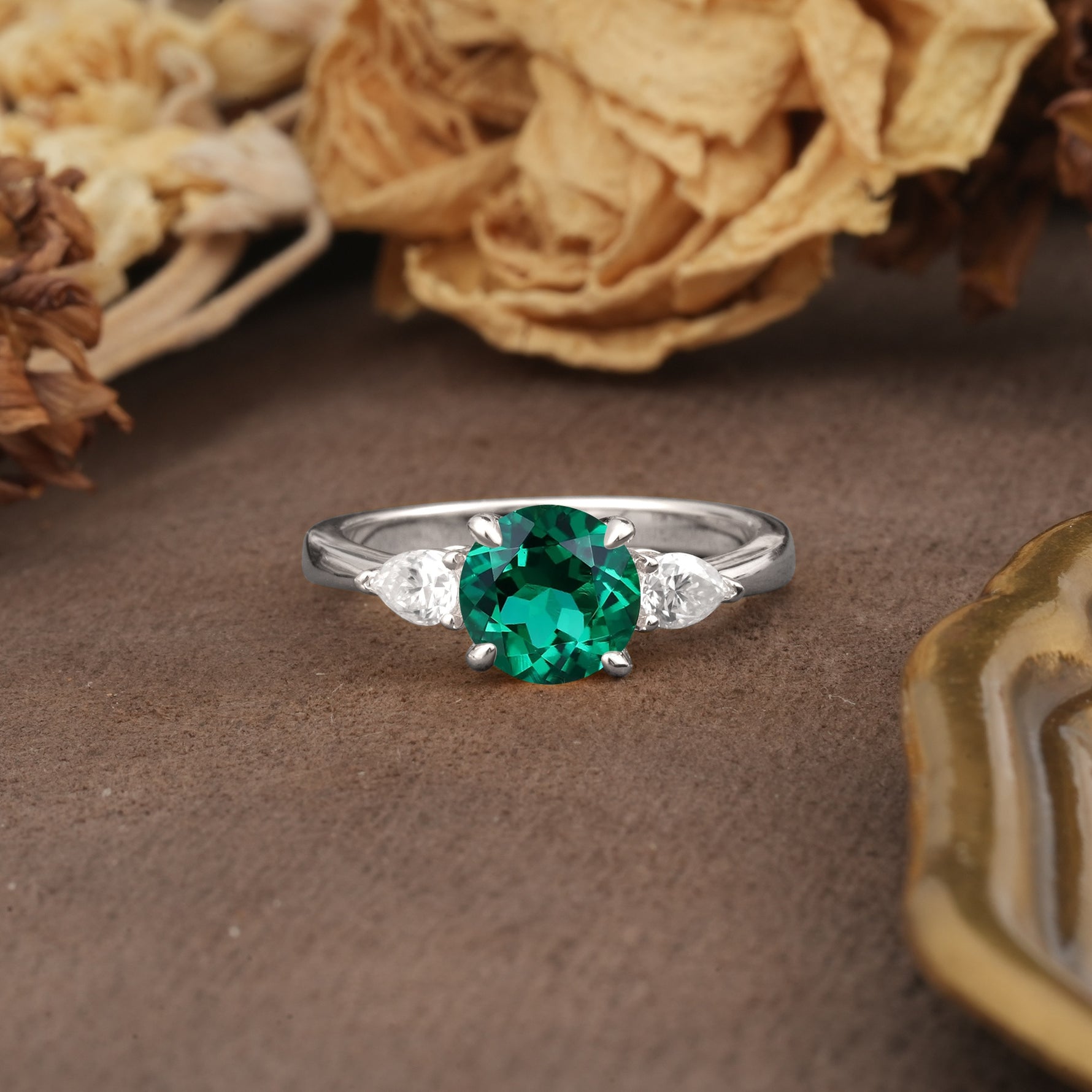 Classic, Luxurious 4-Prong Pear Cut Emerald Three Stone Engagement Ring - Additional view