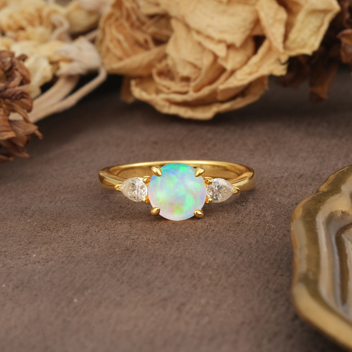 Classic, Luxurious 4-Prong Pear Cut Fire Opal Three Stone Engagement Ring - Additional view