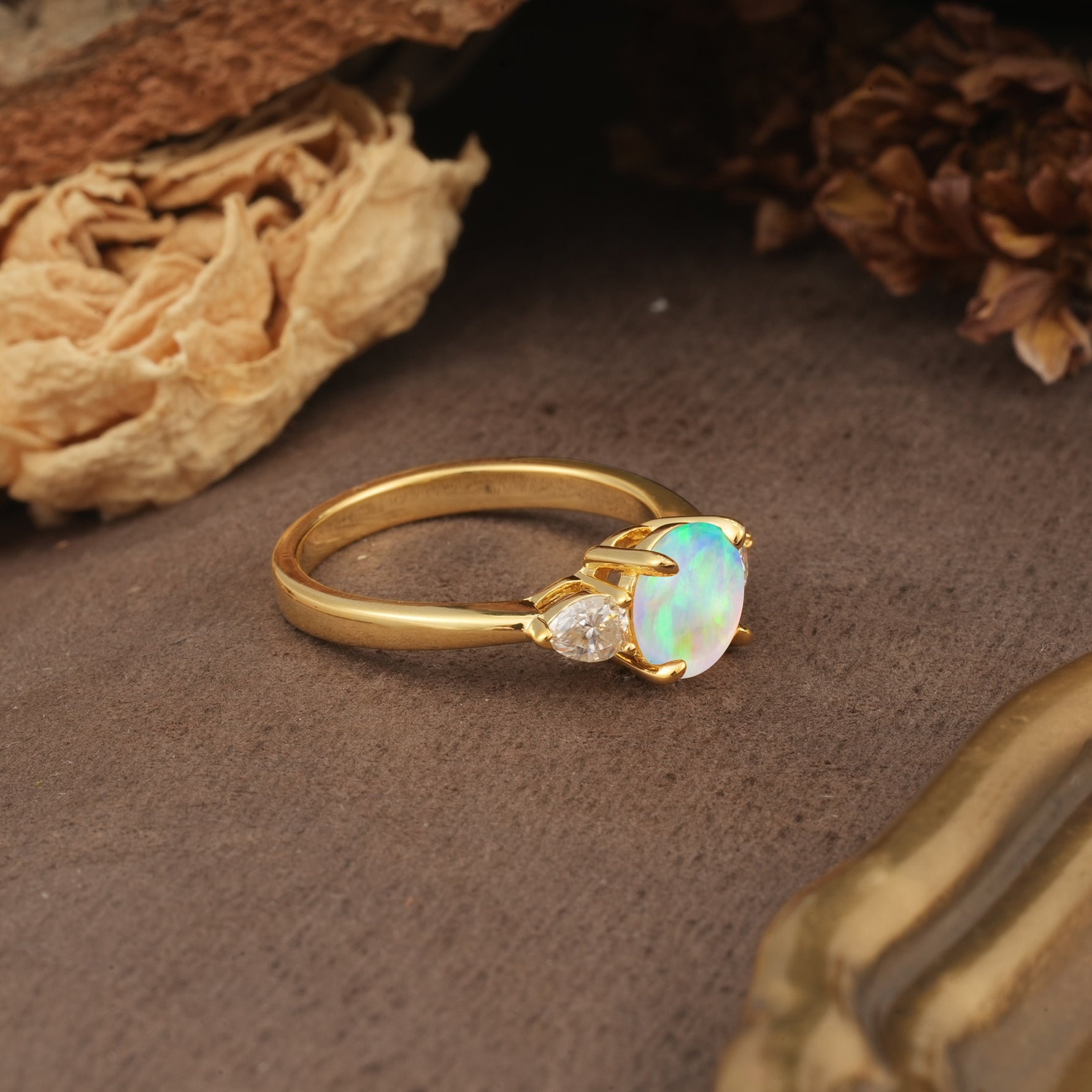 Classic, Luxurious 4-Prong Pear Cut Fire Opal Three Stone Engagement Ring - Additional view