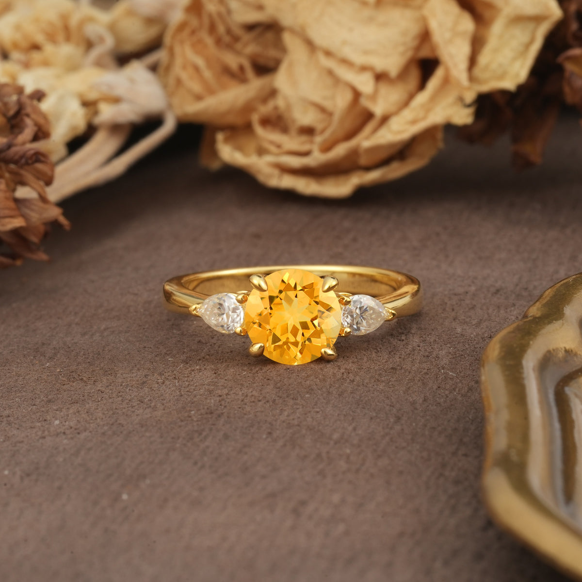 Classic, Luxurious 4-Prong Pear Cut Citrine Three Stone Engagement Ring - Additional view