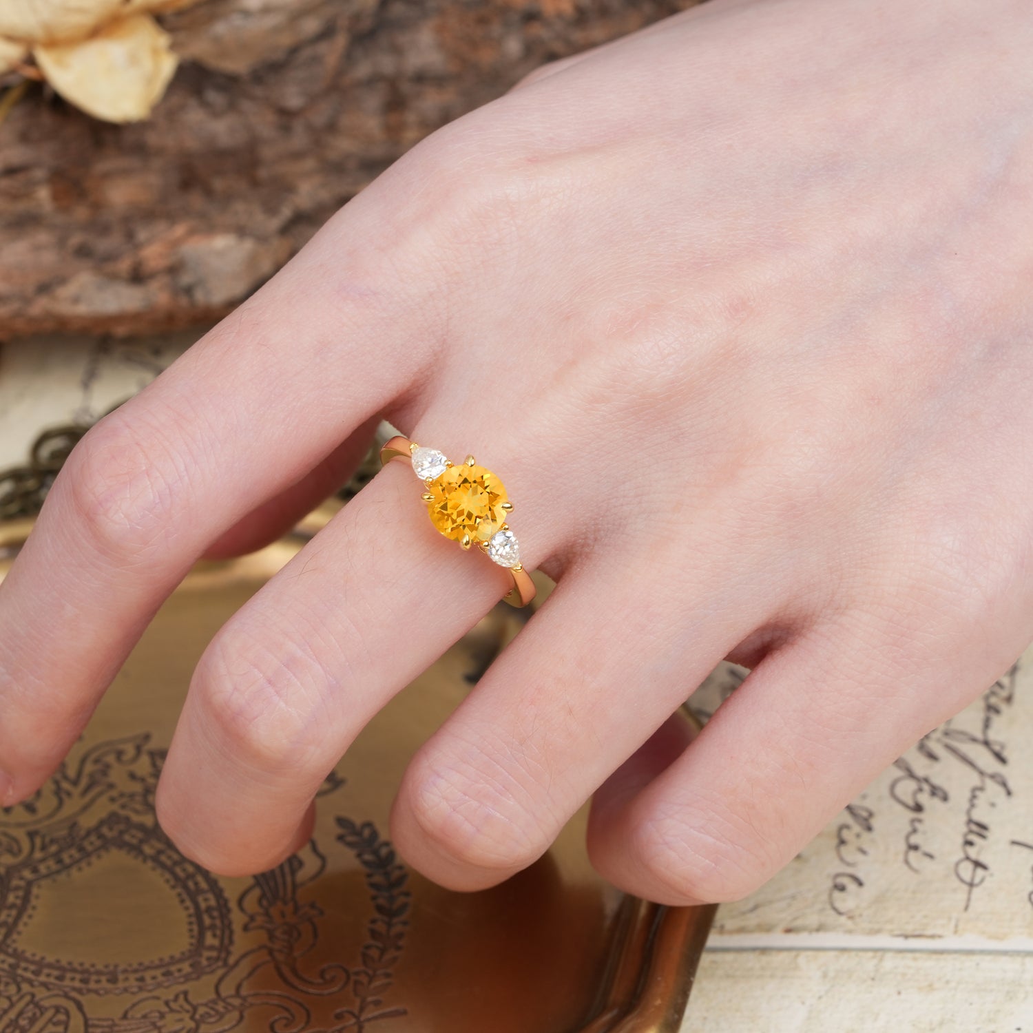 Classic, Luxurious 4-Prong Pear Cut Citrine Three Stone Engagement Ring