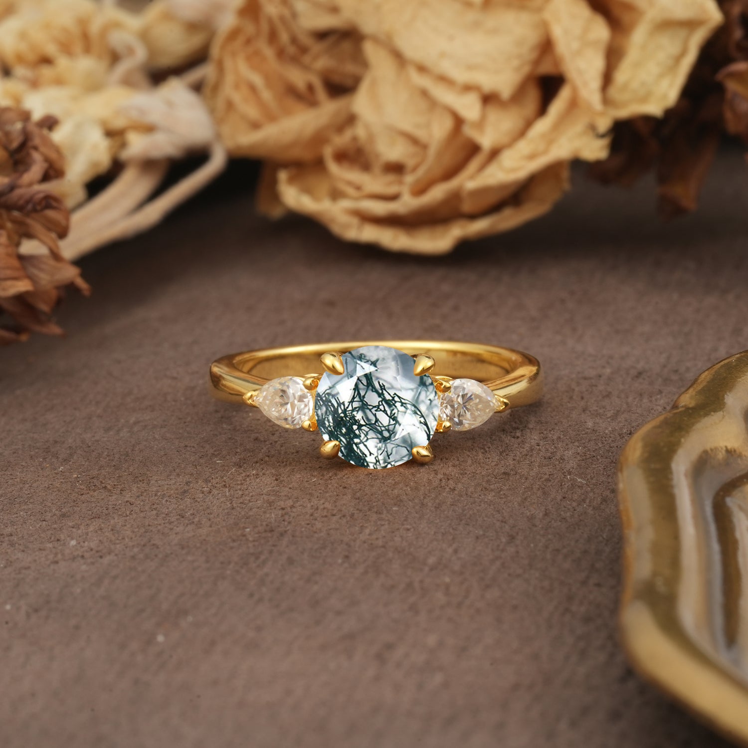 Classic, Luxurious 4-Prong Pear Cut Moss Agate Three Stone Engagement Ring