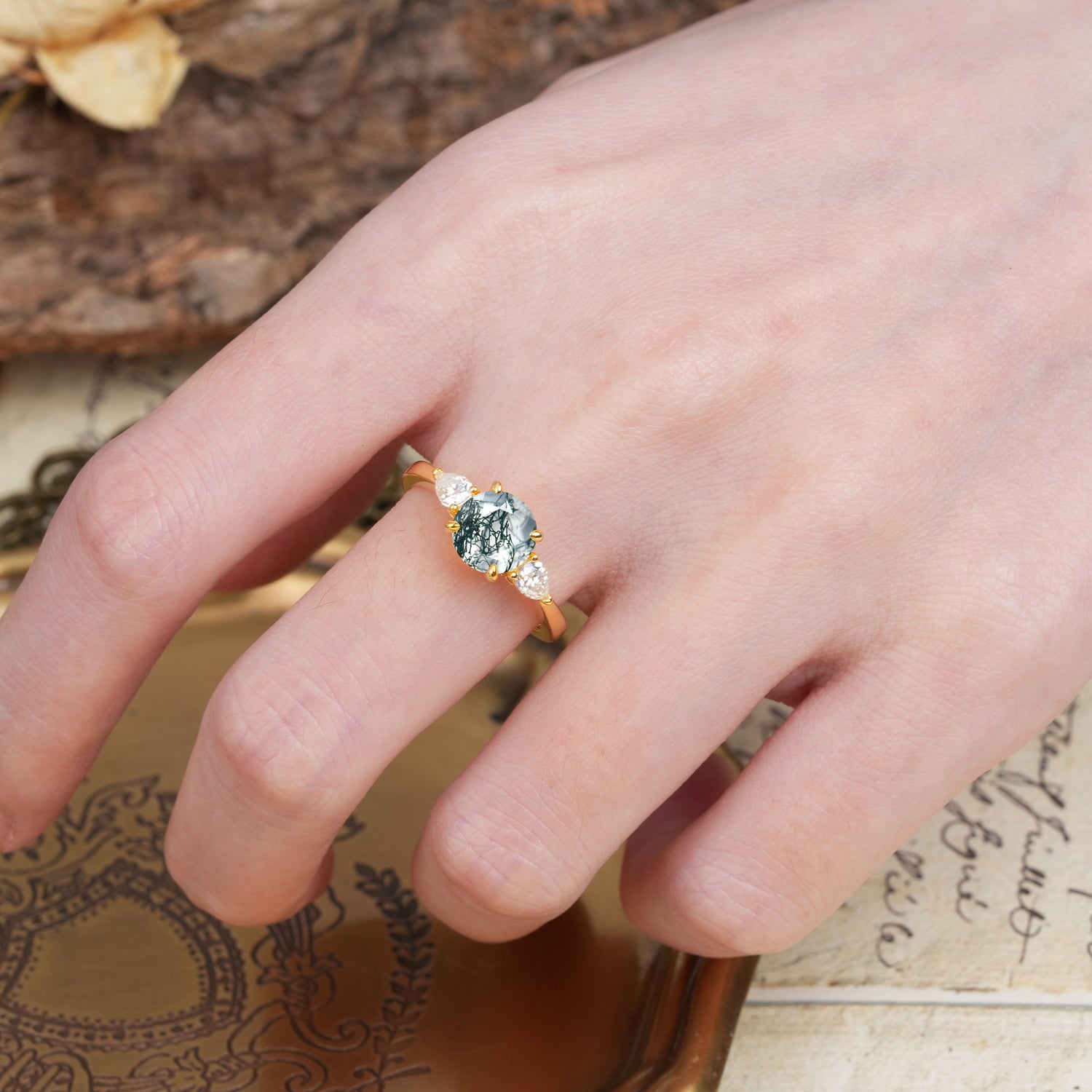 Classic, Luxurious 4-Prong Pear Cut Moss Agate Three Stone Engagement Ring