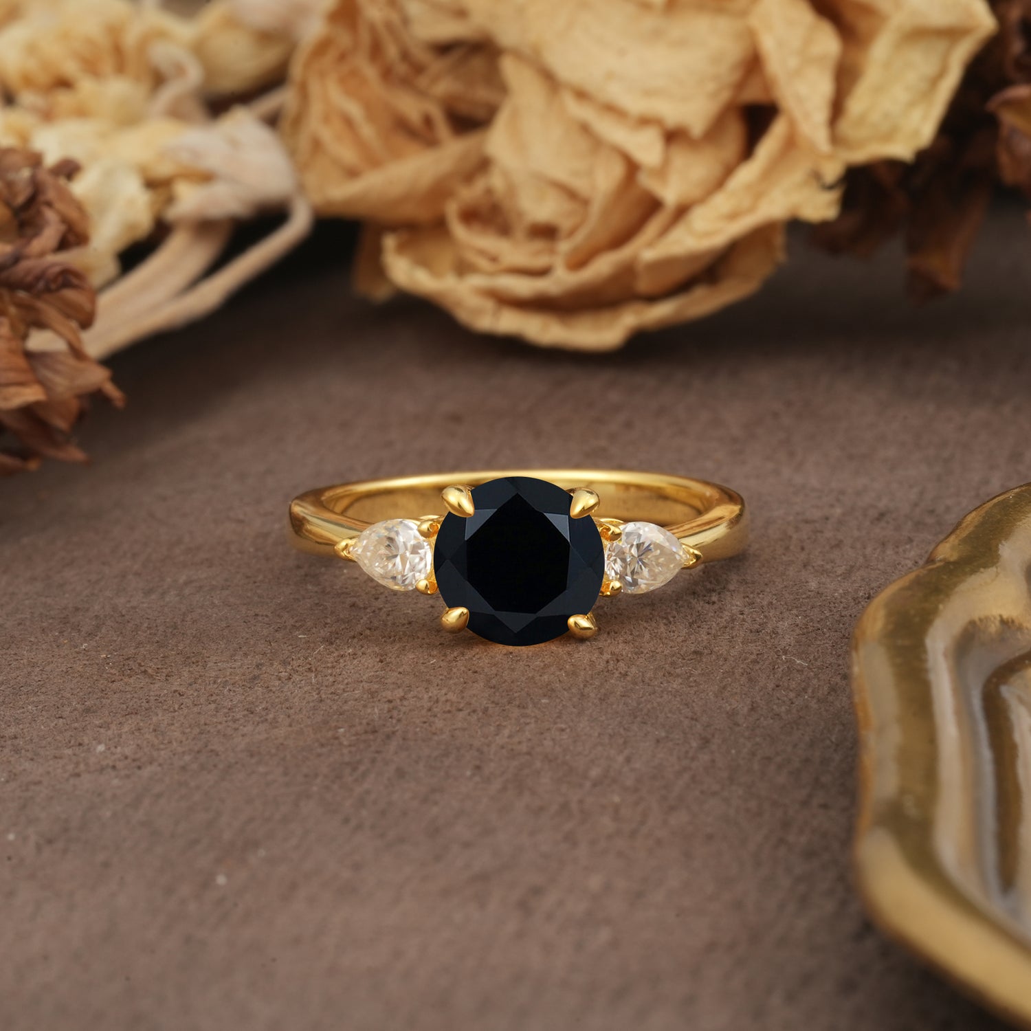 Classic, Luxurious 4-Prong Pear Cut Black Onyx Three Stone Engagement Ring