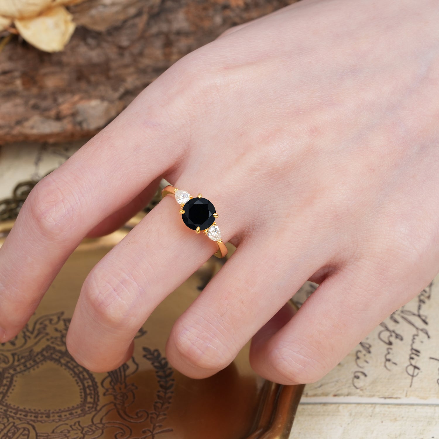 Classic, Luxurious 4-Prong Pear Cut Black Onyx Three Stone Engagement Ring