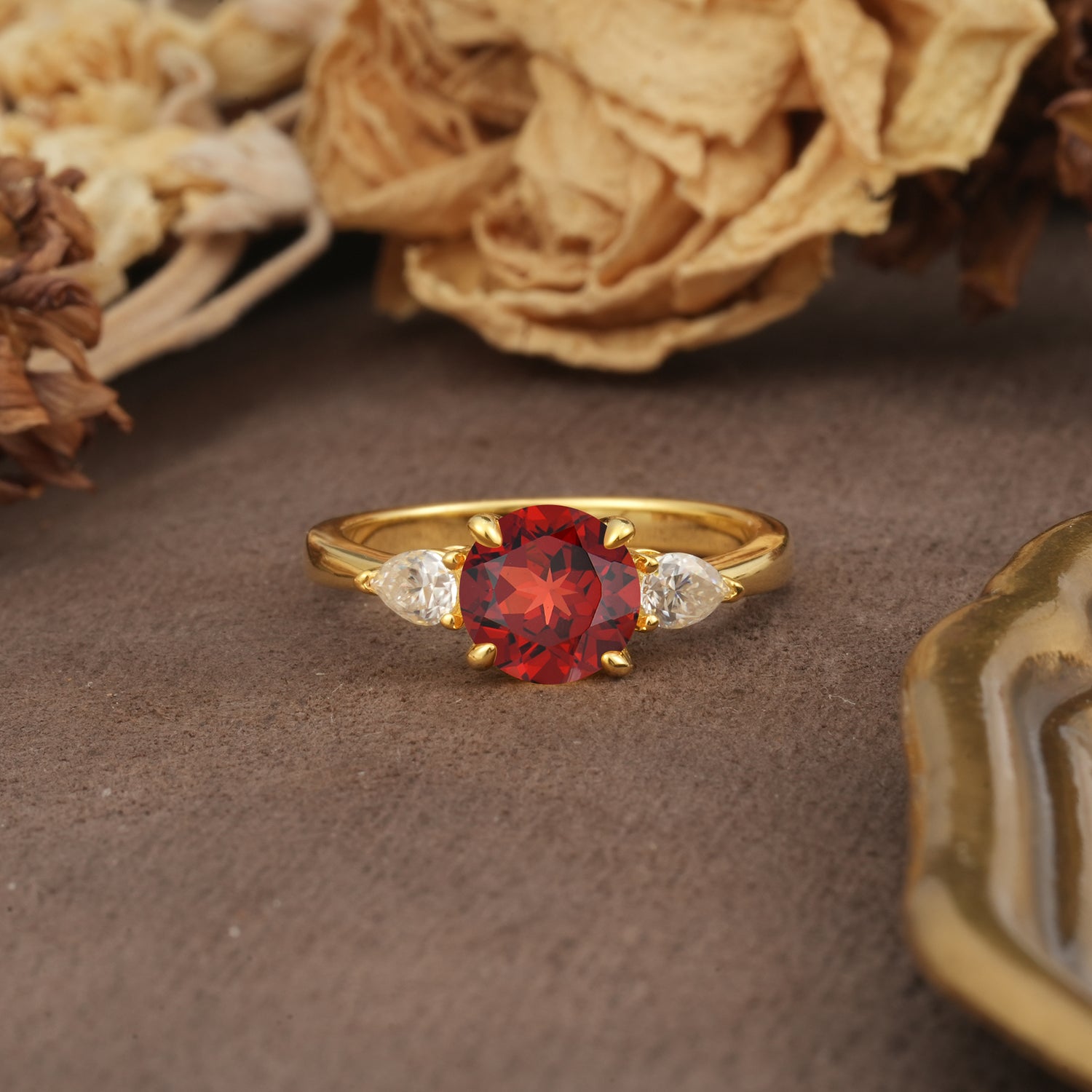 Classic, Luxurious 4-Prong Pear Cut Garnet Three Stone Engagement Ring