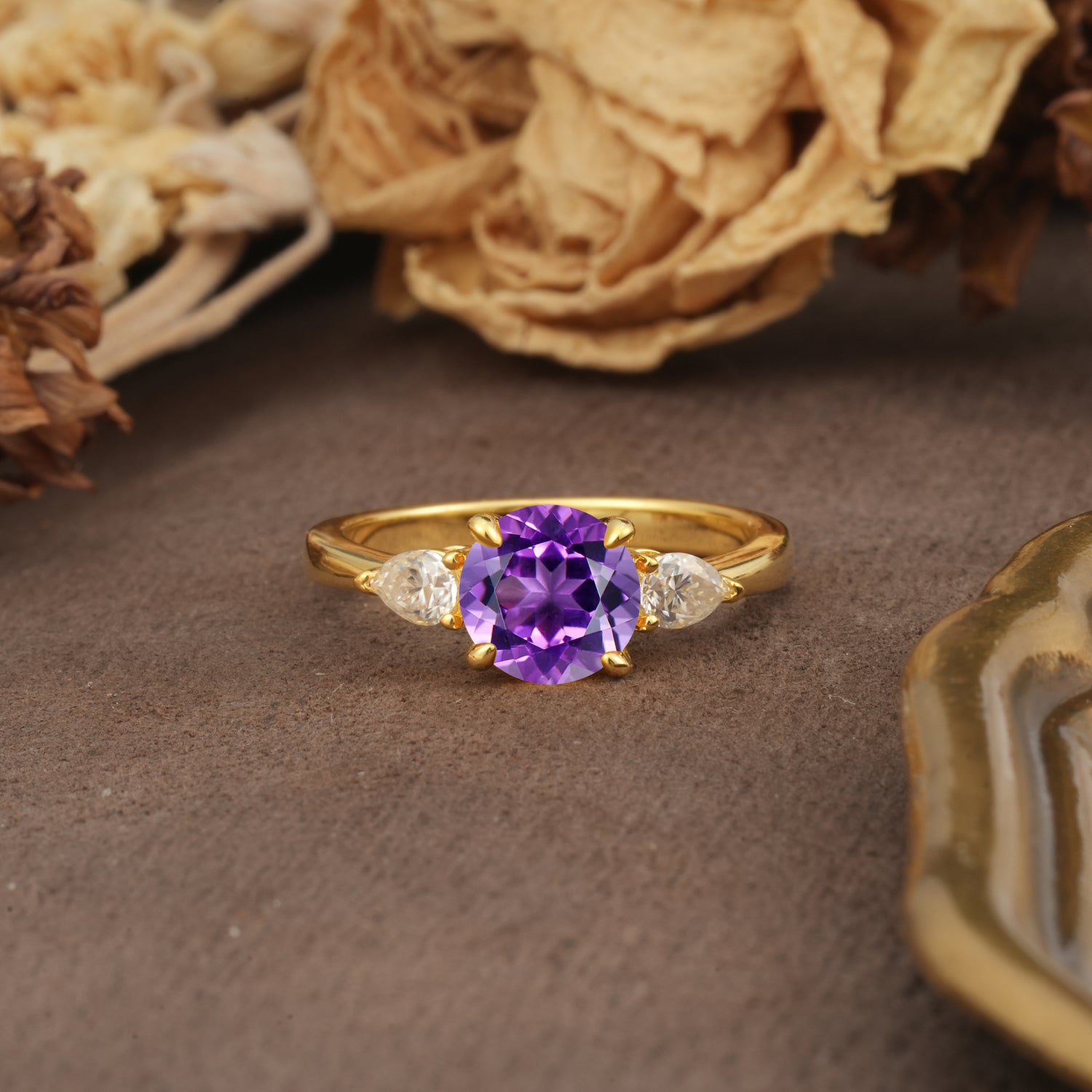 Classic, Luxurious 4-Prong Pear Cut Amethyst Three Stone Engagement Ring