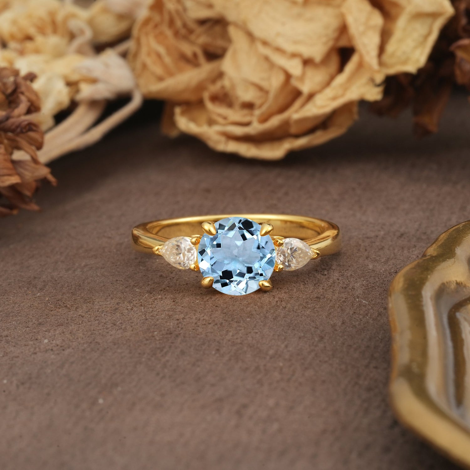 Classic, Luxurious 4-Prong Pear Cut Aquamarine Three Stone Engagement Ring