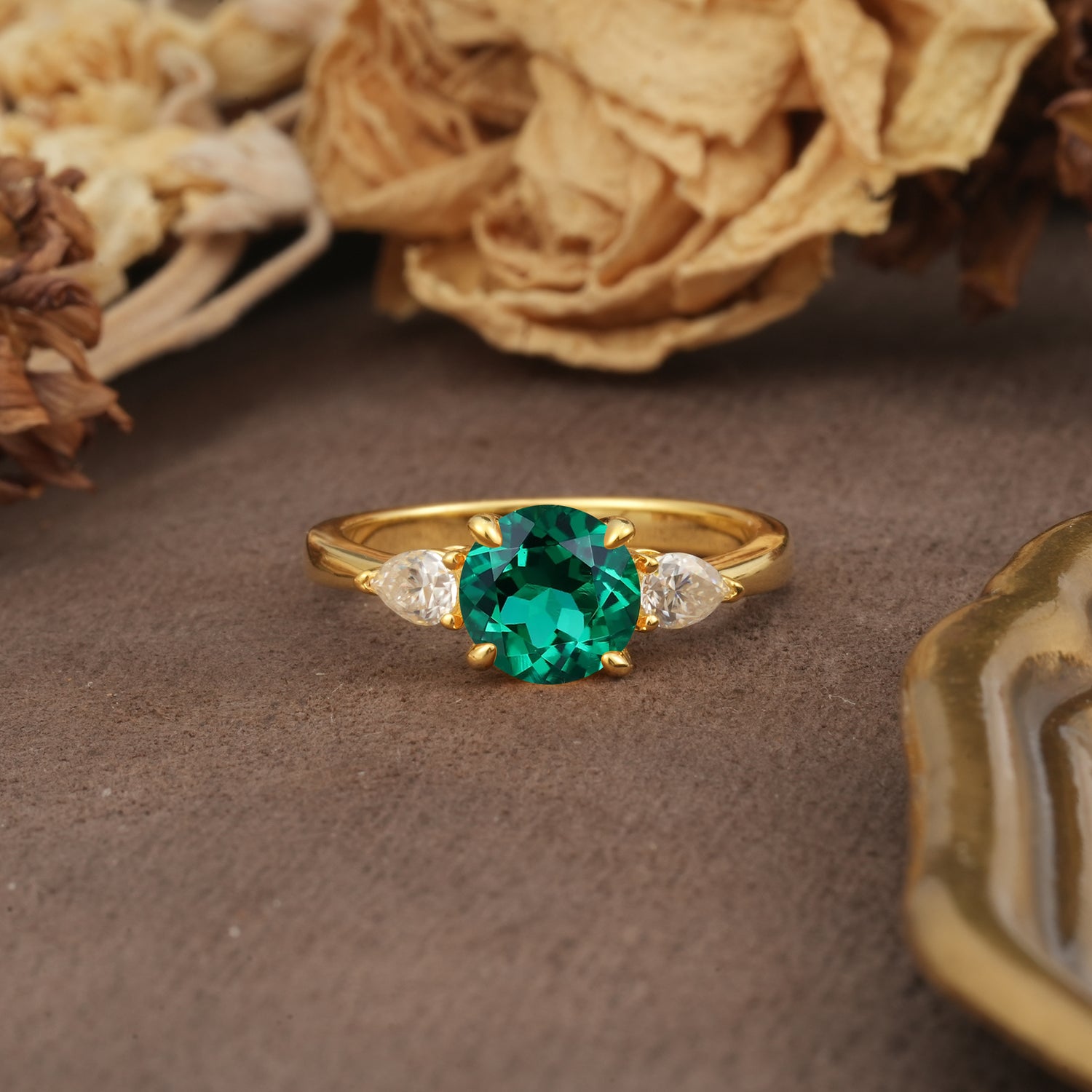 Classic, Luxurious 4-Prong Pear Cut Emerald Three Stone Engagement Ring
