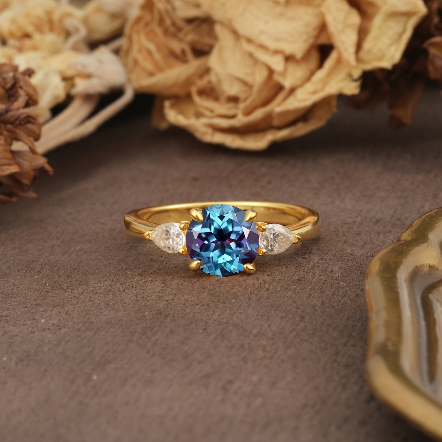 Classic, Luxurious 4-Prong Pear Cut Alexandrite Three Stone Engagement Ring