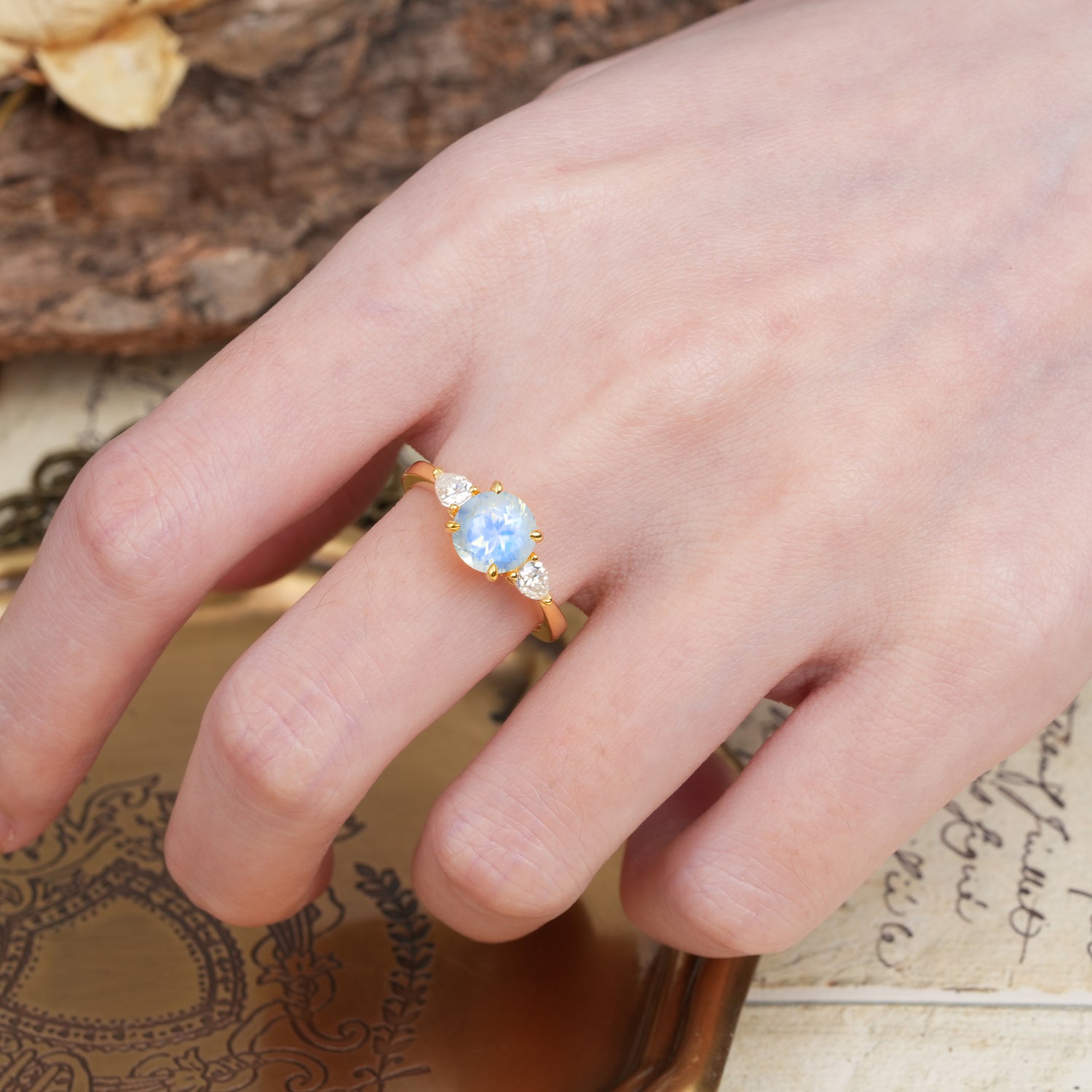 Classic, Luxurious 4-Prong Pear Cut Moonstone Three Stone Engagement Ring