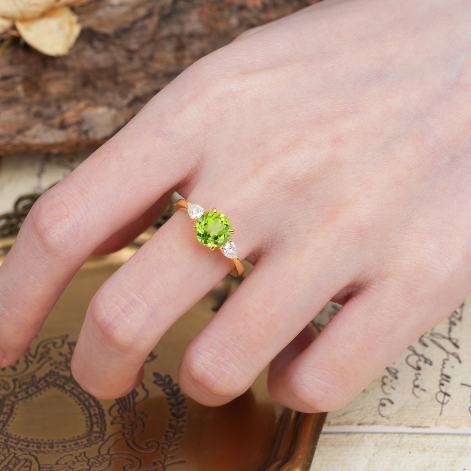 Classic, Luxurious 4-Prong Pear Cut Peridot Three Stone Engagement Ring