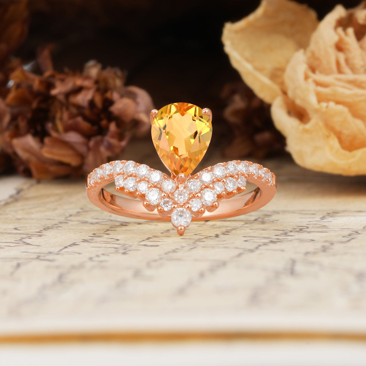 Unique Crown Three-Prong Pear Cut Citrine Engagement Ring - Additional view