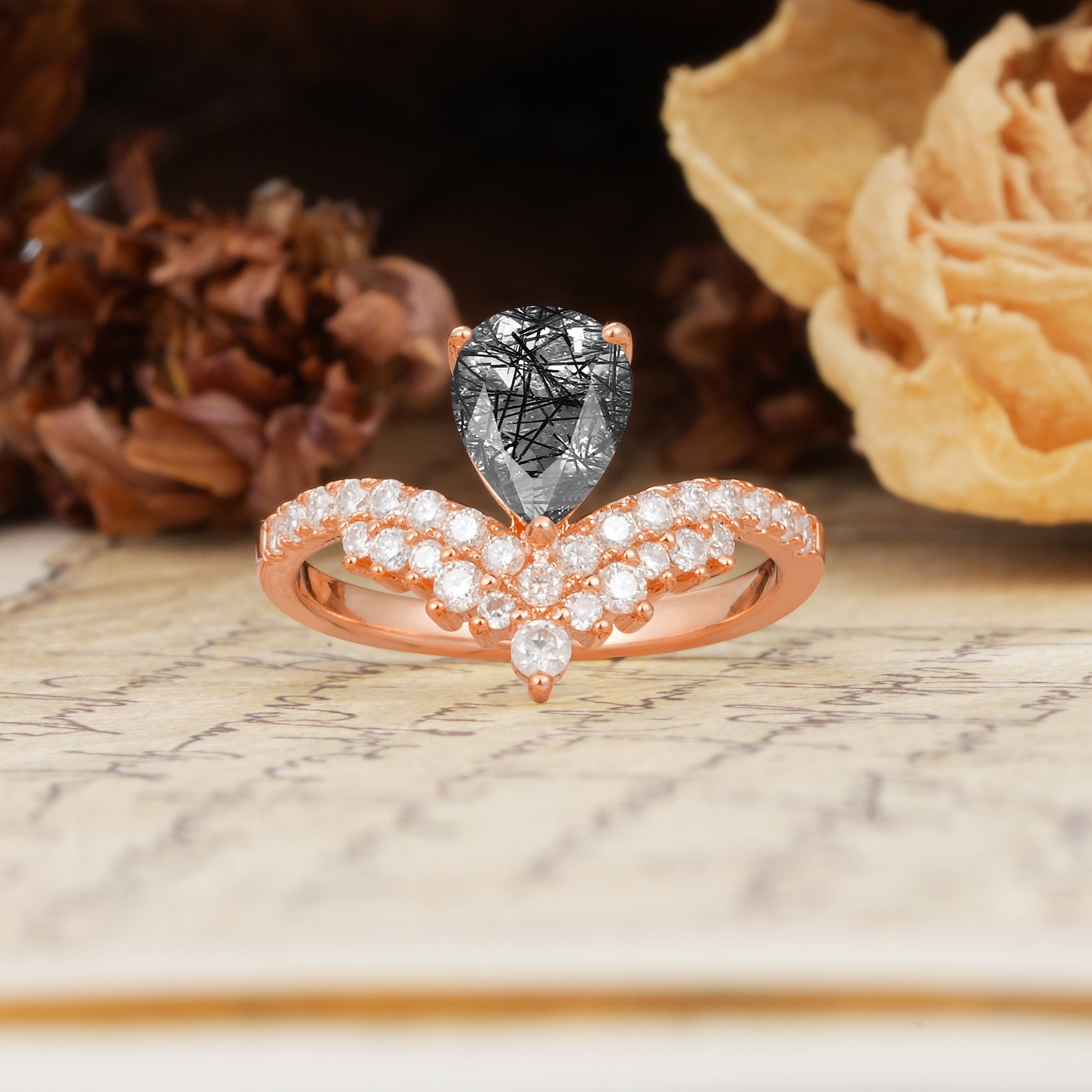 Unique Crown Three-Prong Pear Cut Black Rutilated Quartz Engagement Ring - Additional view