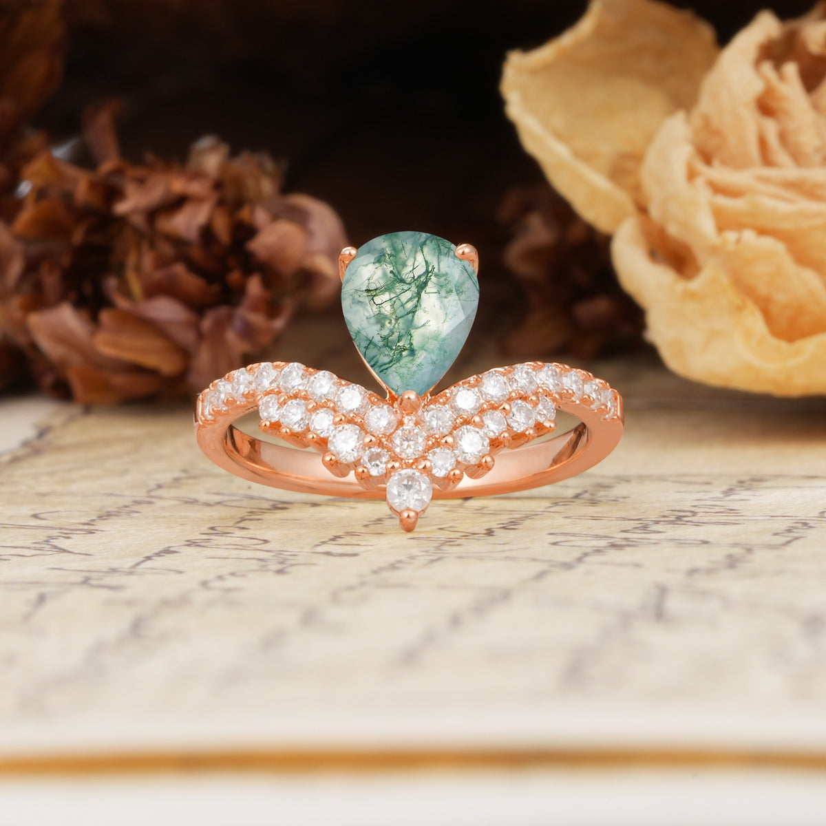 Unique Crown Three-Prong Pear Cut Moss Agate Engagement Ring - Additional view