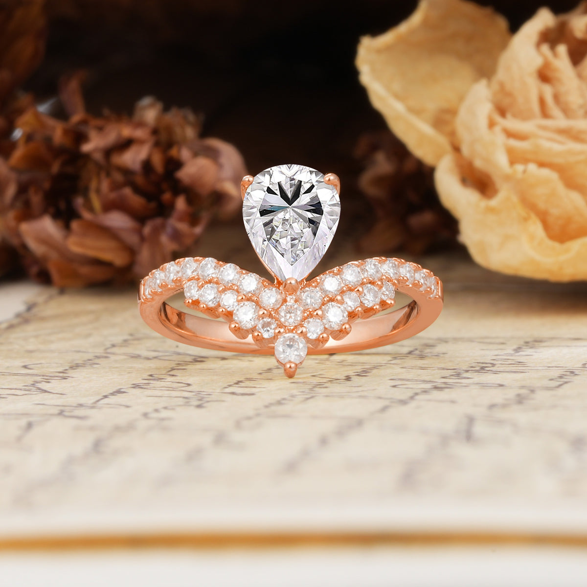 Unique Crown Three-Prong Pear Cut Lab Diamond Engagement Ring - Additional view