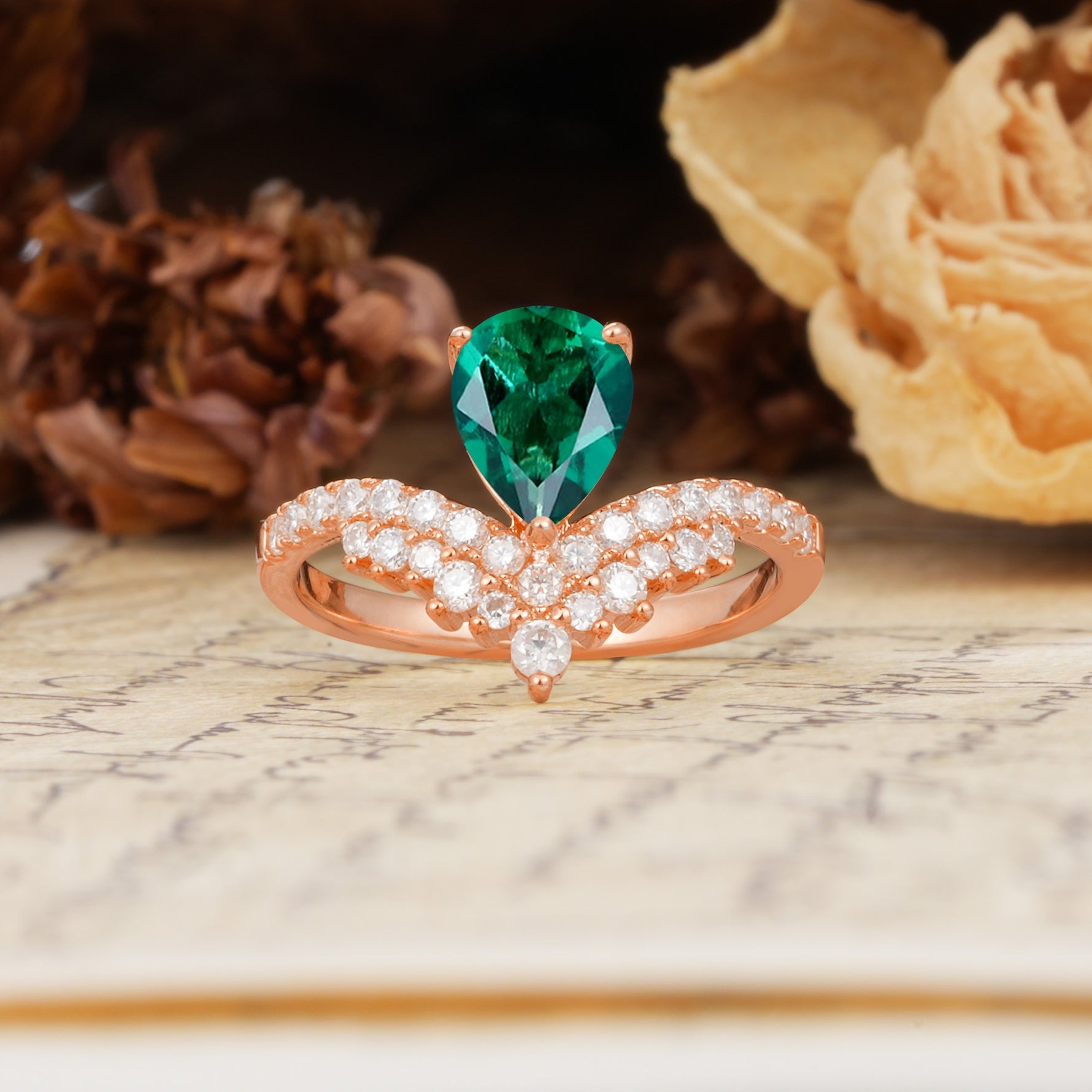 Unique Crown Three-Prong Pear Cut Emerald Engagement Ring - Additional view