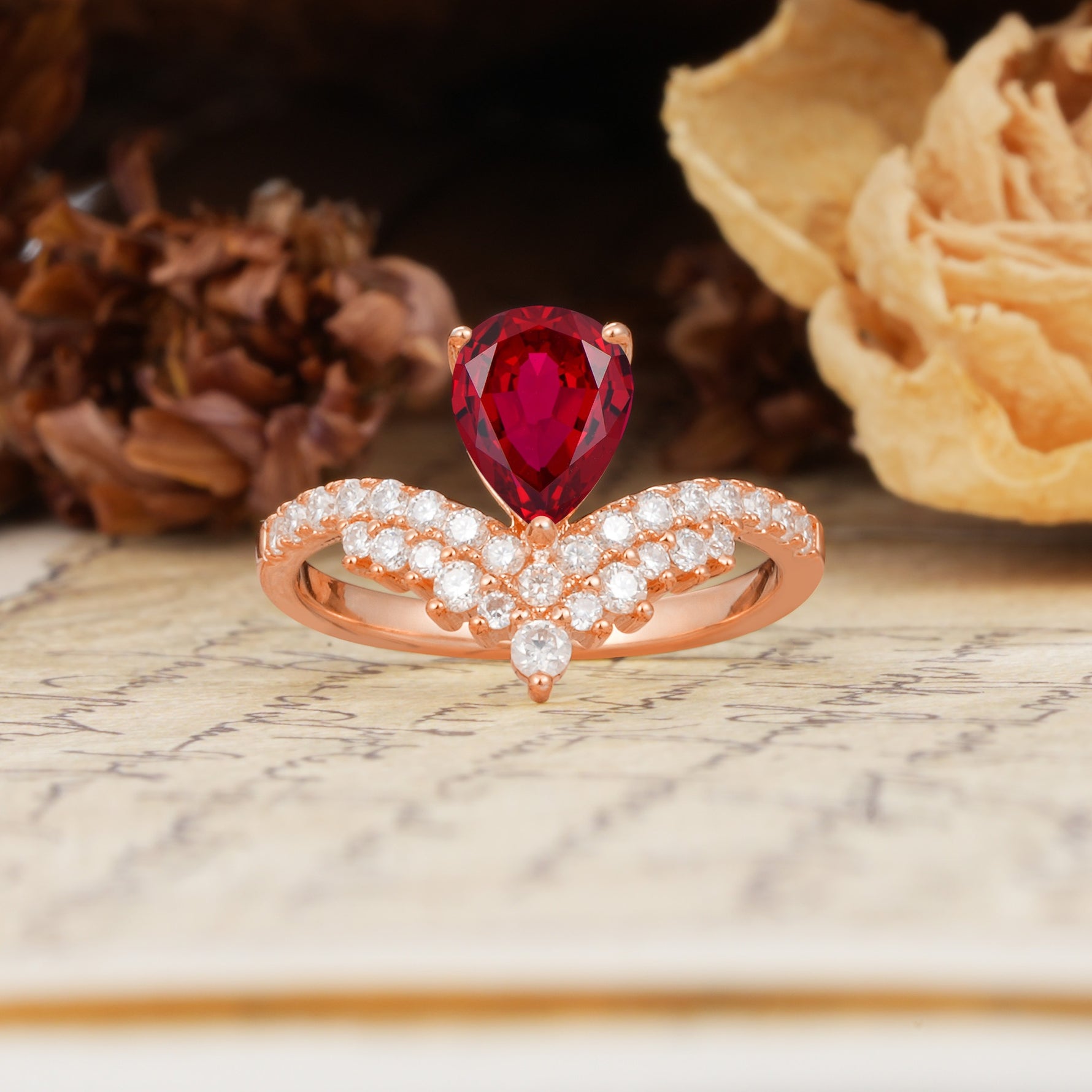Unique Crown Three-Prong Pear Cut Ruby Engagement Ring - Additional view
