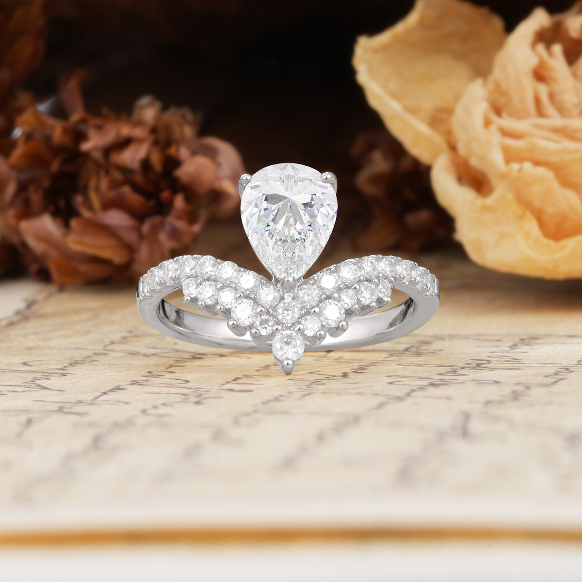 Unique Crown Three-Prong Pear Cut Moissanite Engagement Ring - Additional view