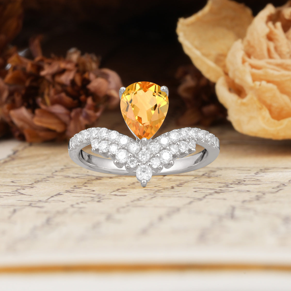Unique Crown Three-Prong Pear Cut Citrine Engagement Ring - Additional view