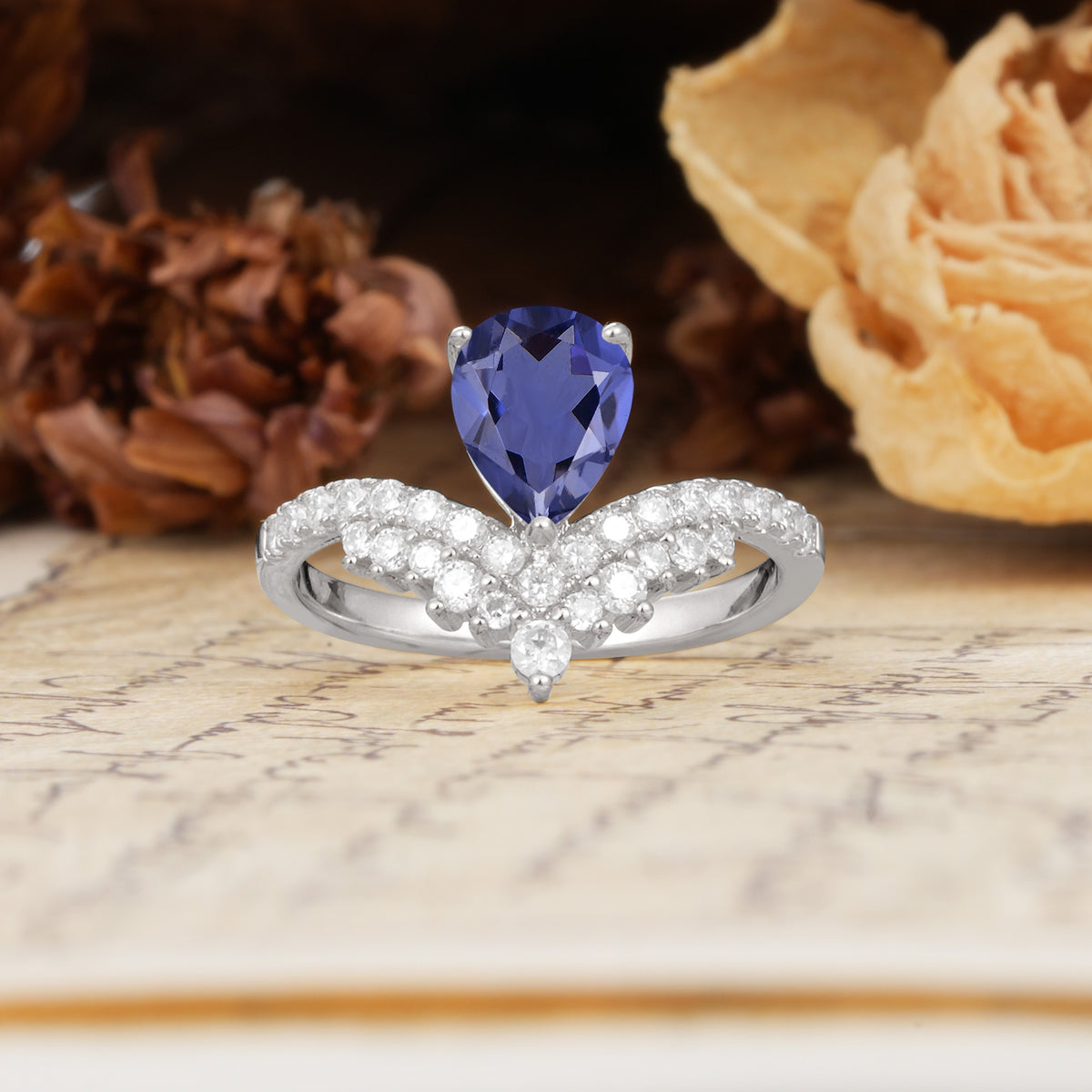 Unique Crown Three-Prong Pear Cut Tanzanite Engagement Ring - Additional view