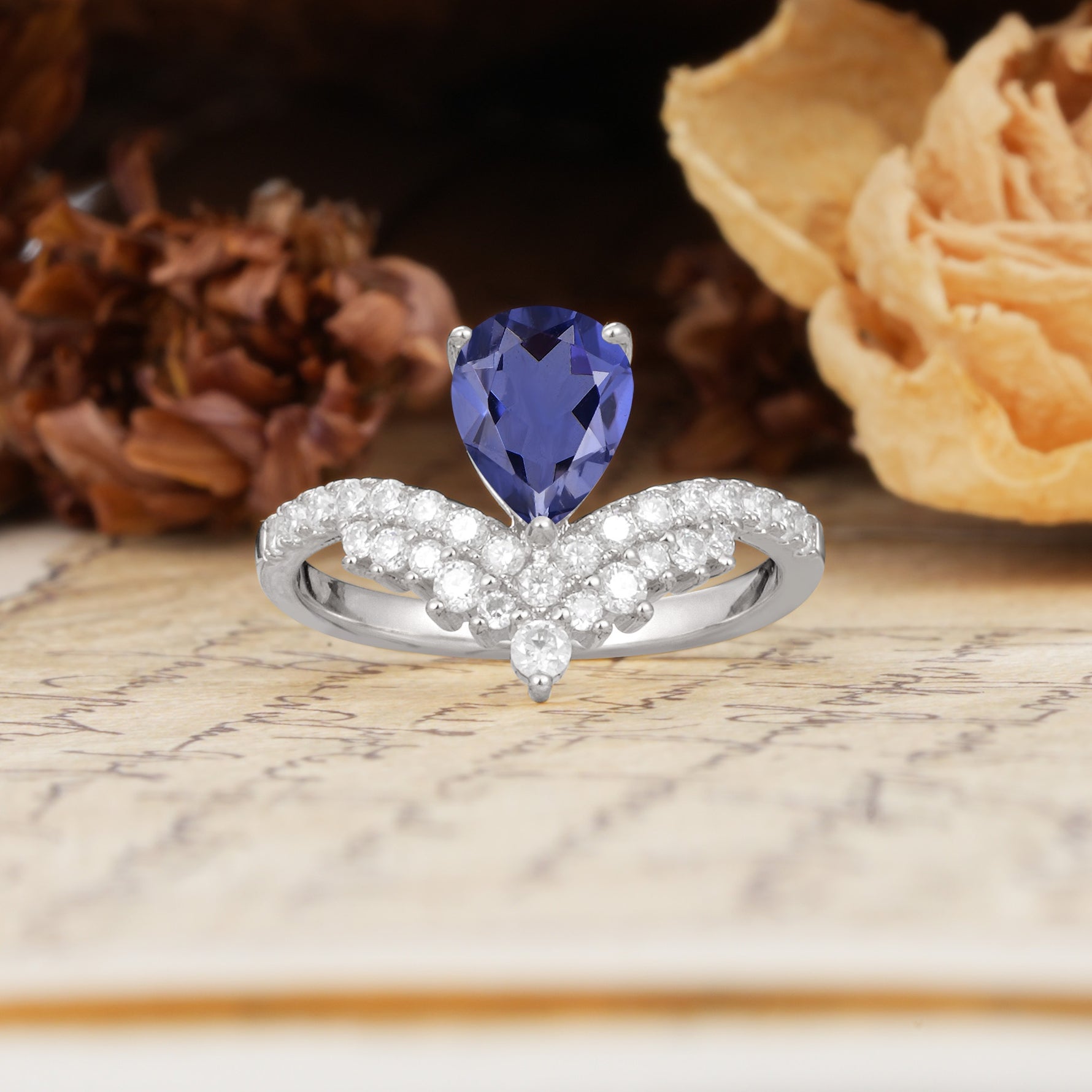 Unique Crown Three-Prong Pear Cut Tanzanite Engagement Ring - Additional view