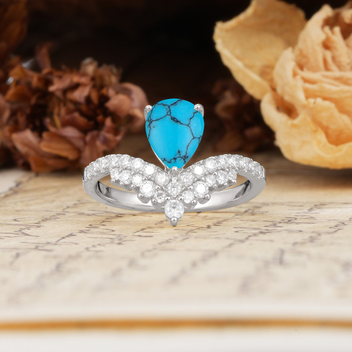 Unique Crown Three-Prong Pear Cut Turquoise Engagement Ring - Additional view