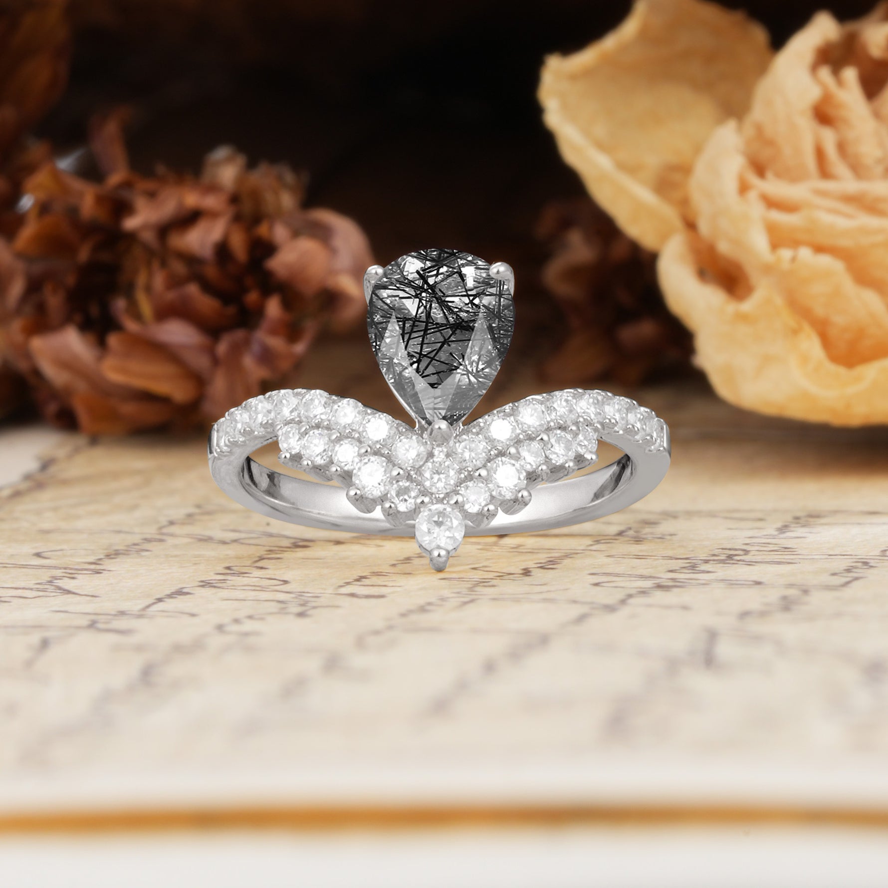 Unique Crown Three-Prong Pear Cut Black Rutilated Quartz Engagement Ring - Additional view