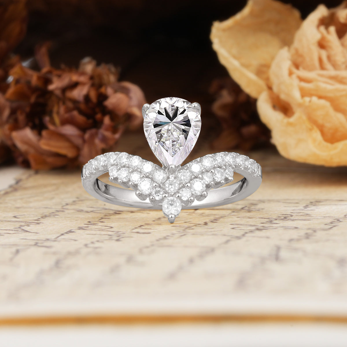 Unique Crown Three-Prong Pear Cut Lab Diamond Engagement Ring - Additional view