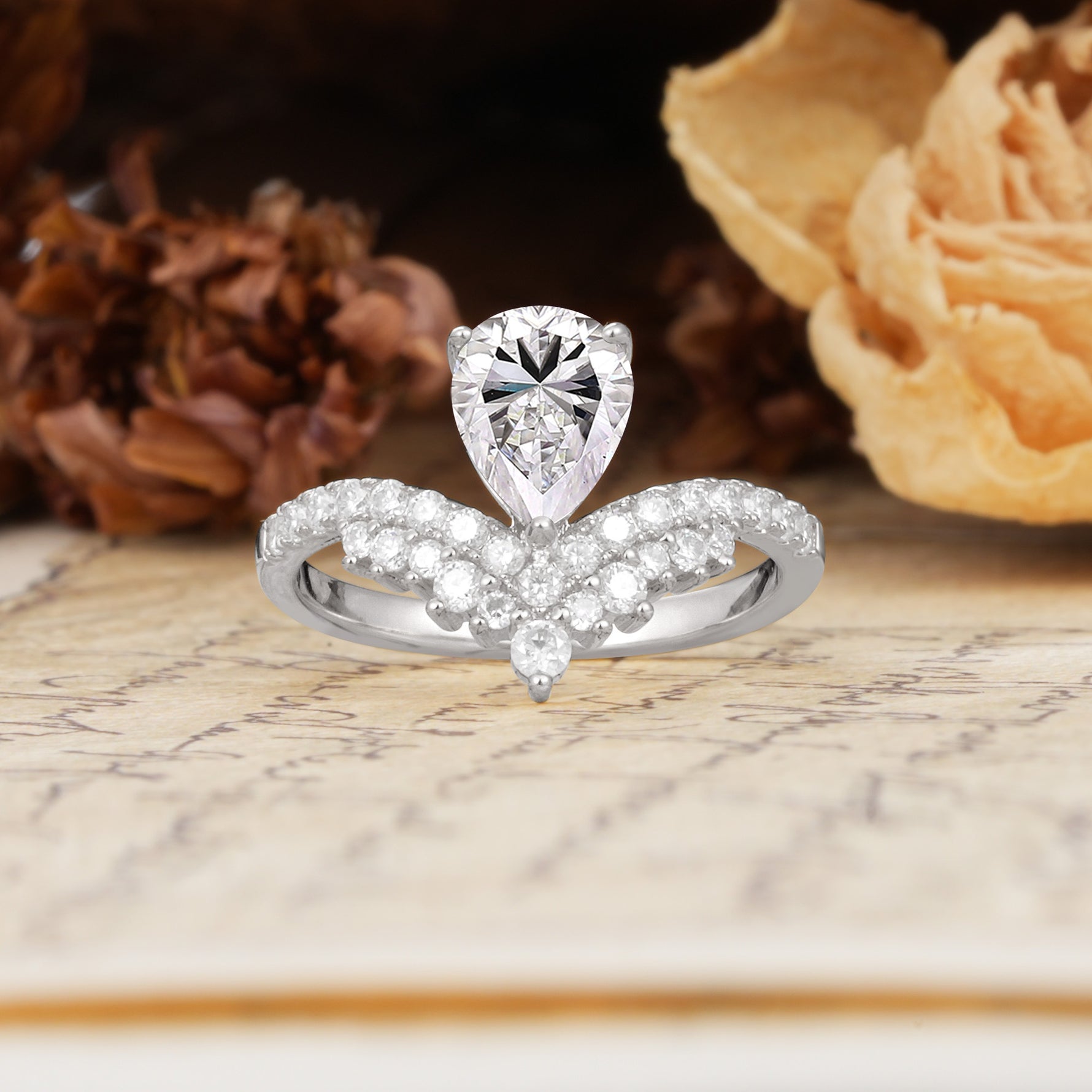 Unique Crown Three-Prong Pear Cut Lab Diamond Engagement Ring - Additional view