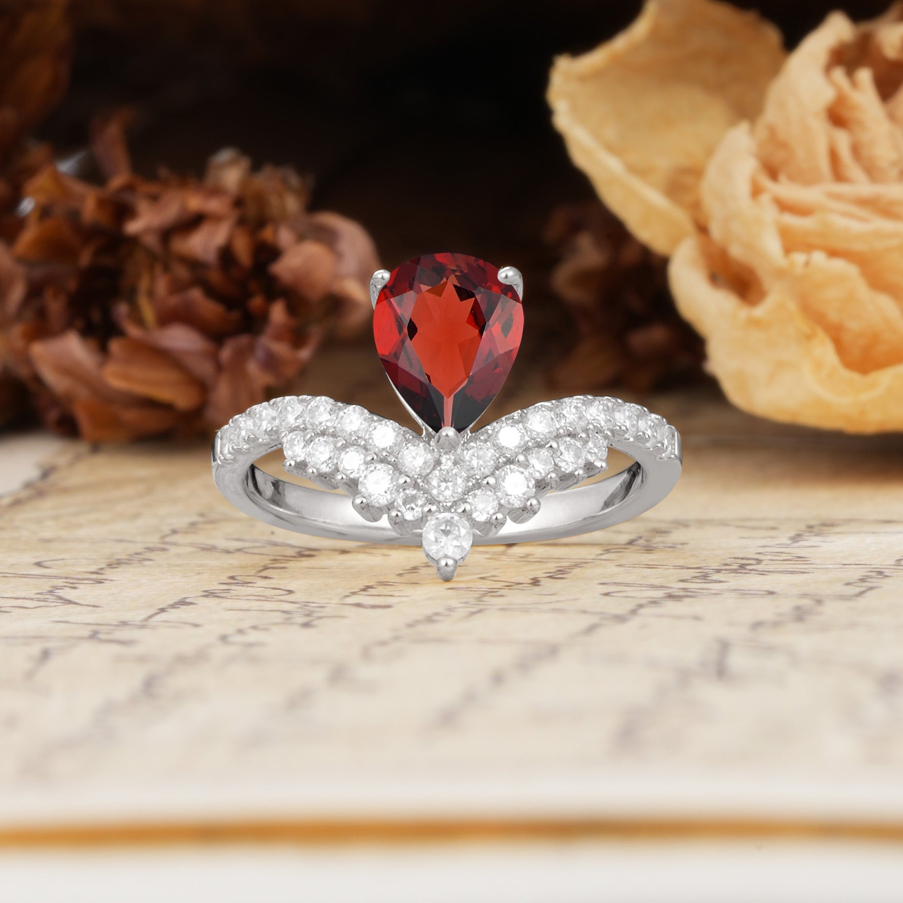 Unique Crown Three-Prong Pear Cut Garnet Engagement Ring - Additional view