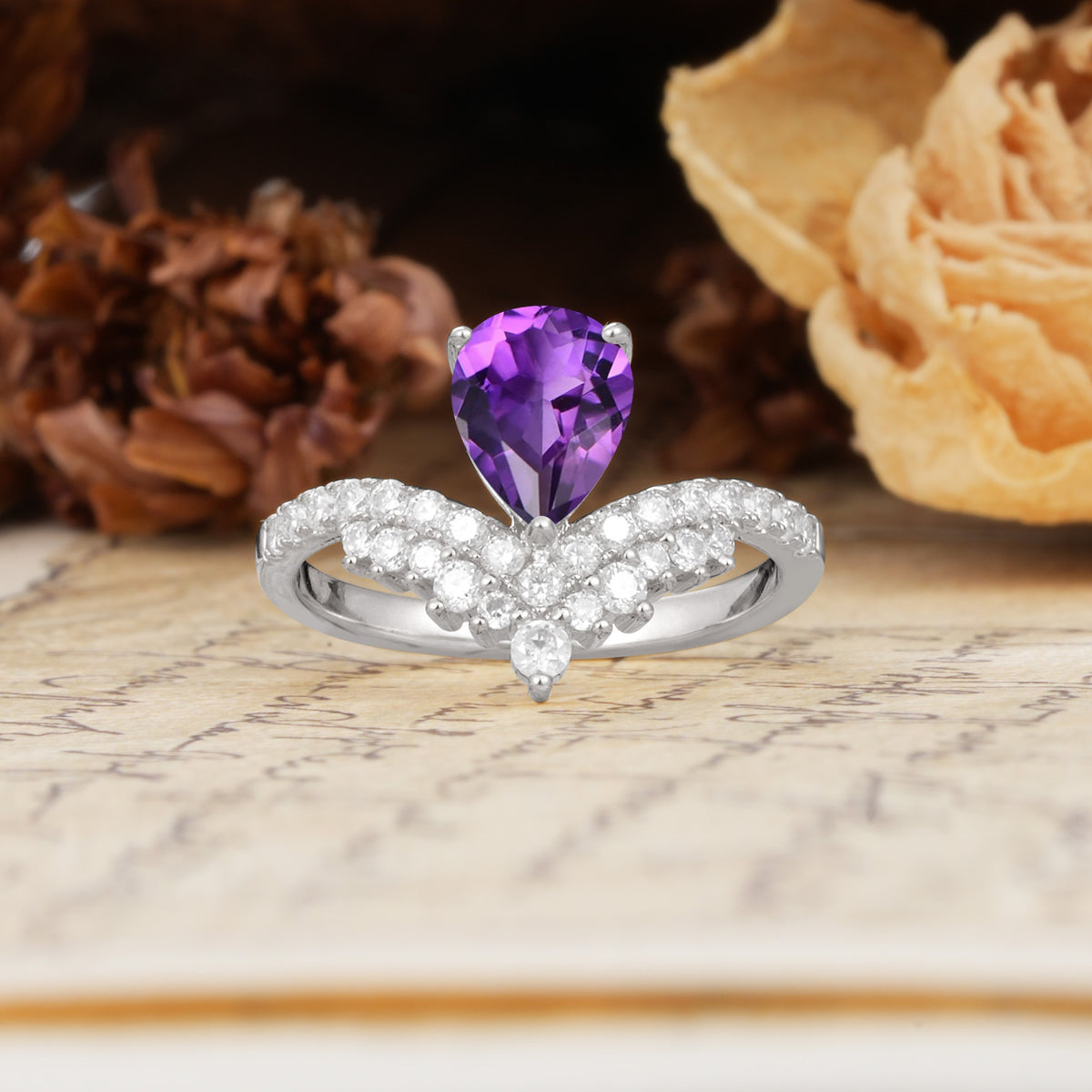Unique Crown Three-Prong Pear Cut Amethyst Engagement Ring - Additional view