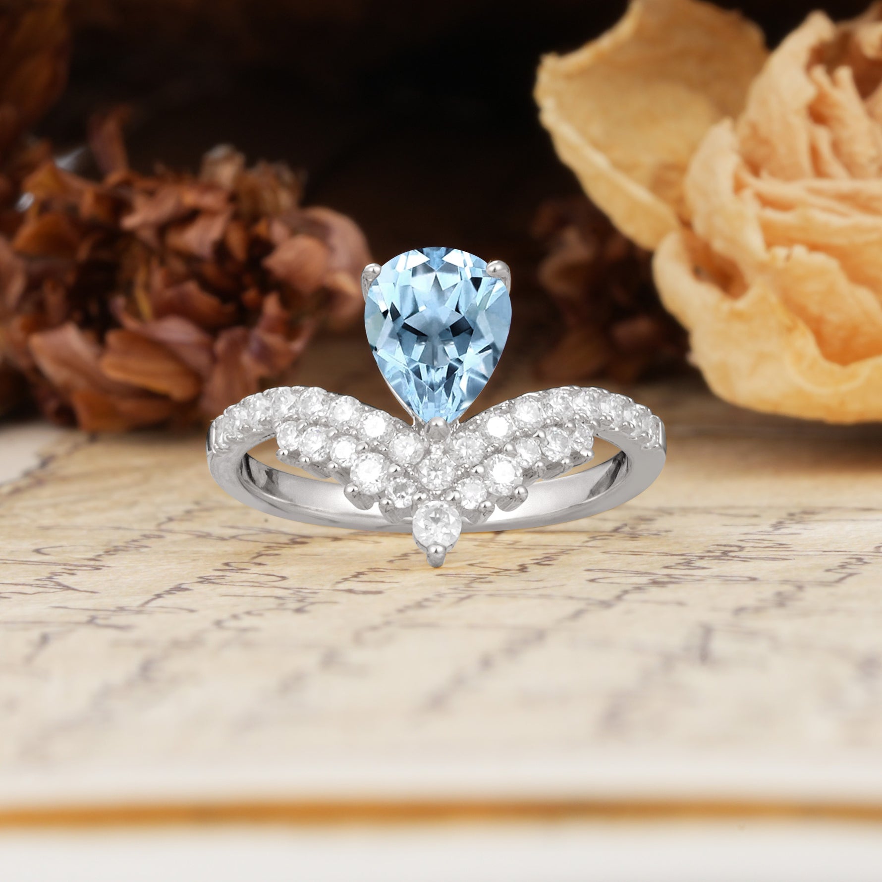Unique Crown Three-Prong Pear Cut Aquamarine Engagement Ring - Additional view