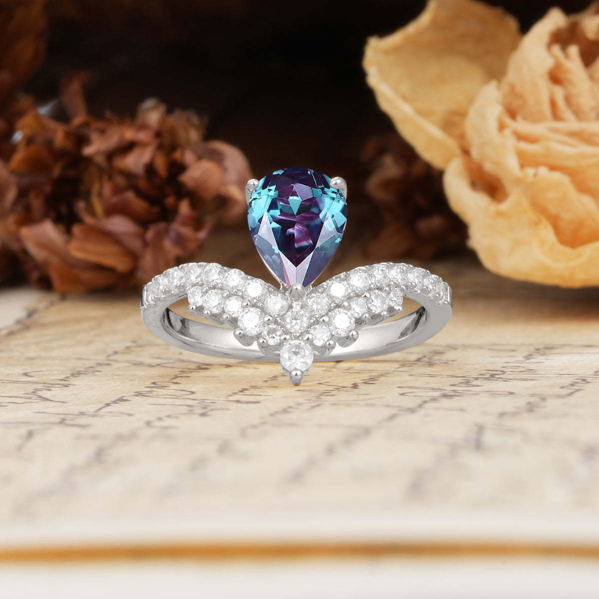 Unique Crown Three-Prong Pear Cut Alexandrite Engagement Ring - Additional view