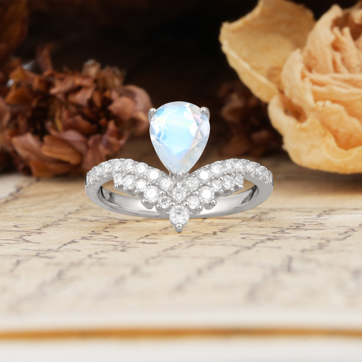 Unique Crown Three-Prong Pear Cut Moonstone Engagement Ring - Additional view