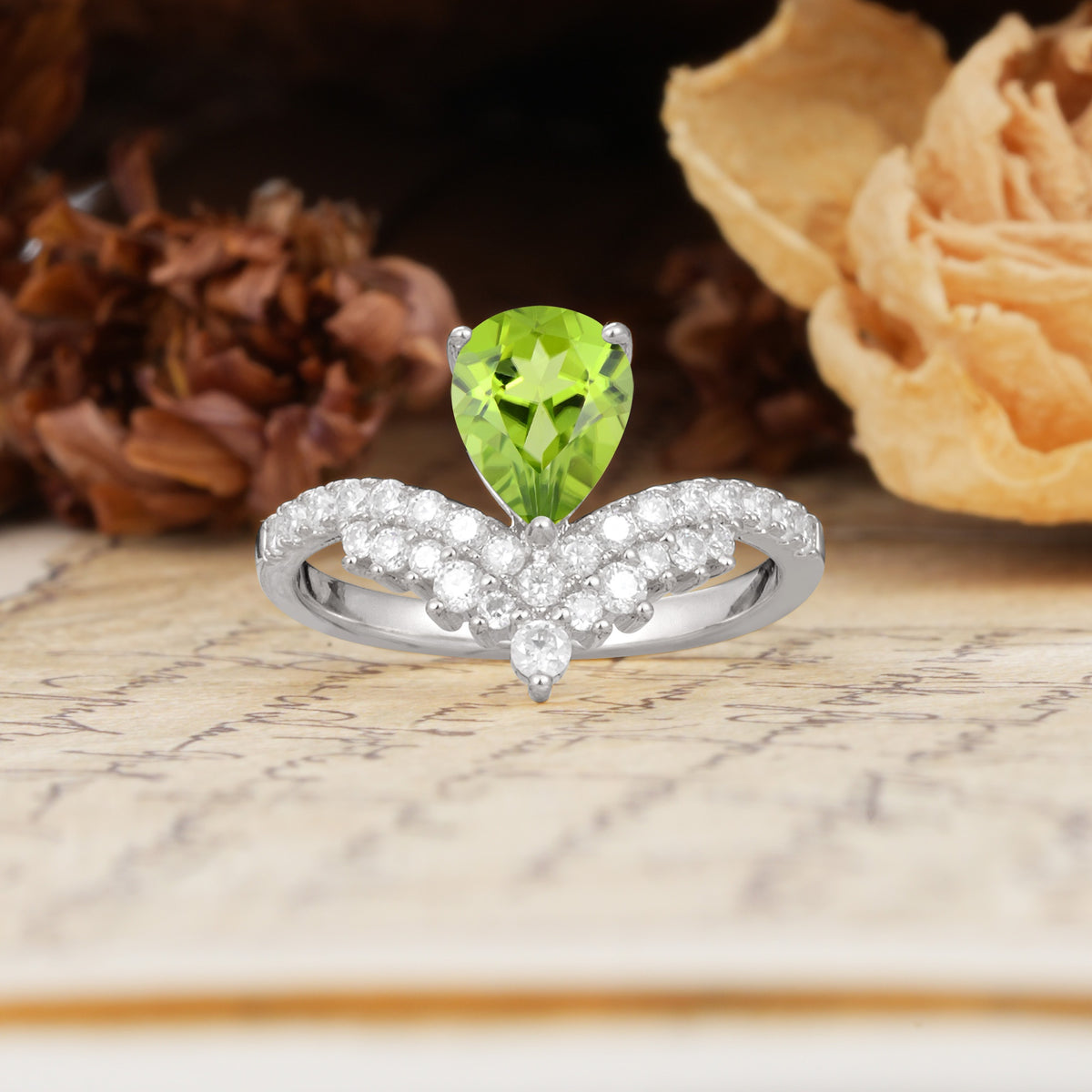 Unique Crown Three-Prong Pear Cut Peridot Engagement Ring - Additional view