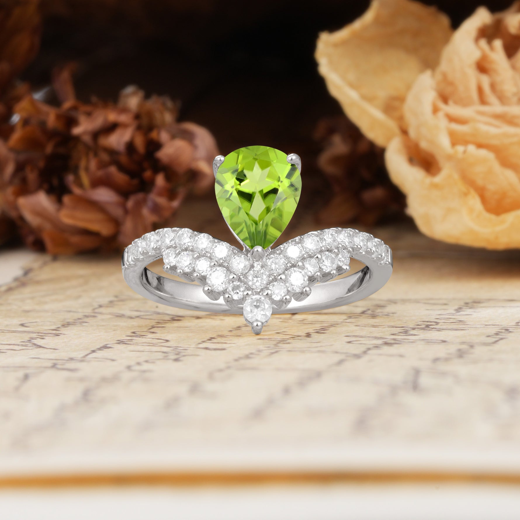 Unique Crown Three-Prong Pear Cut Peridot Engagement Ring - Additional view
