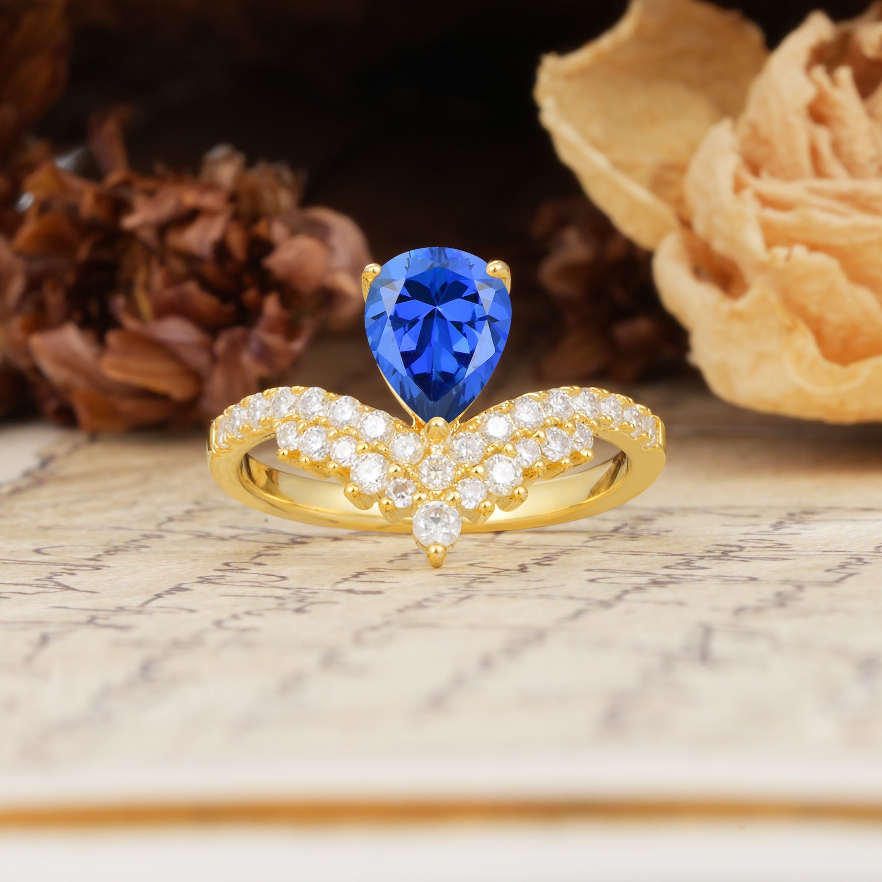 Unique Crown Three-Prong Pear Cut Sapphire Engagement Ring - Additional view