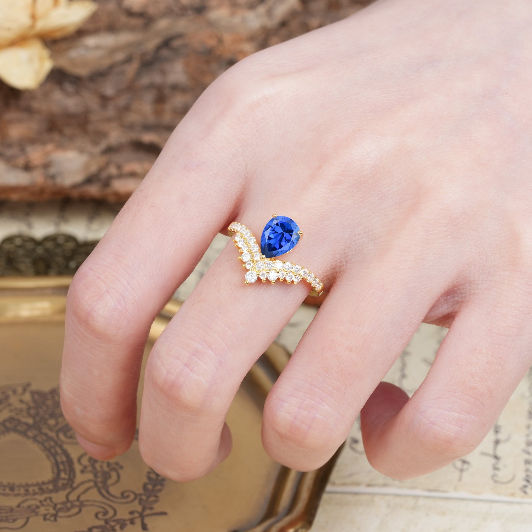 Unique Crown Three-Prong Pear Cut Sapphire Engagement Ring - Additional view