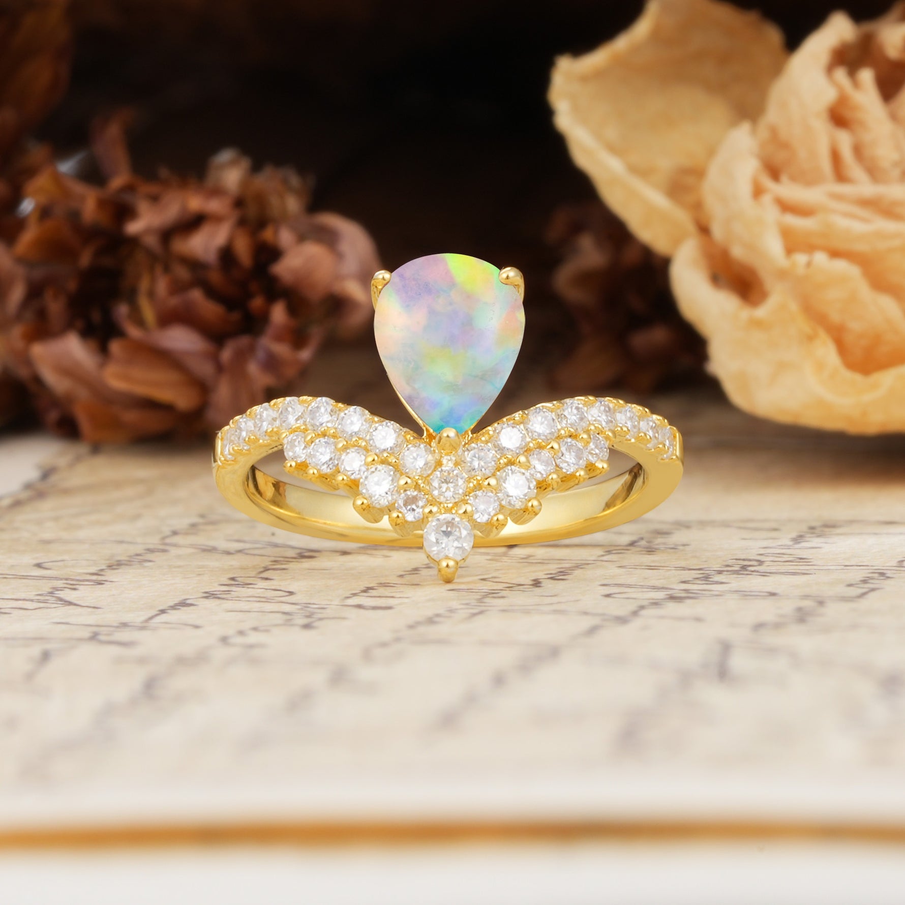 Unique Crown Three-Prong Pear Cut Fire Opal Engagement Ring - Additional view