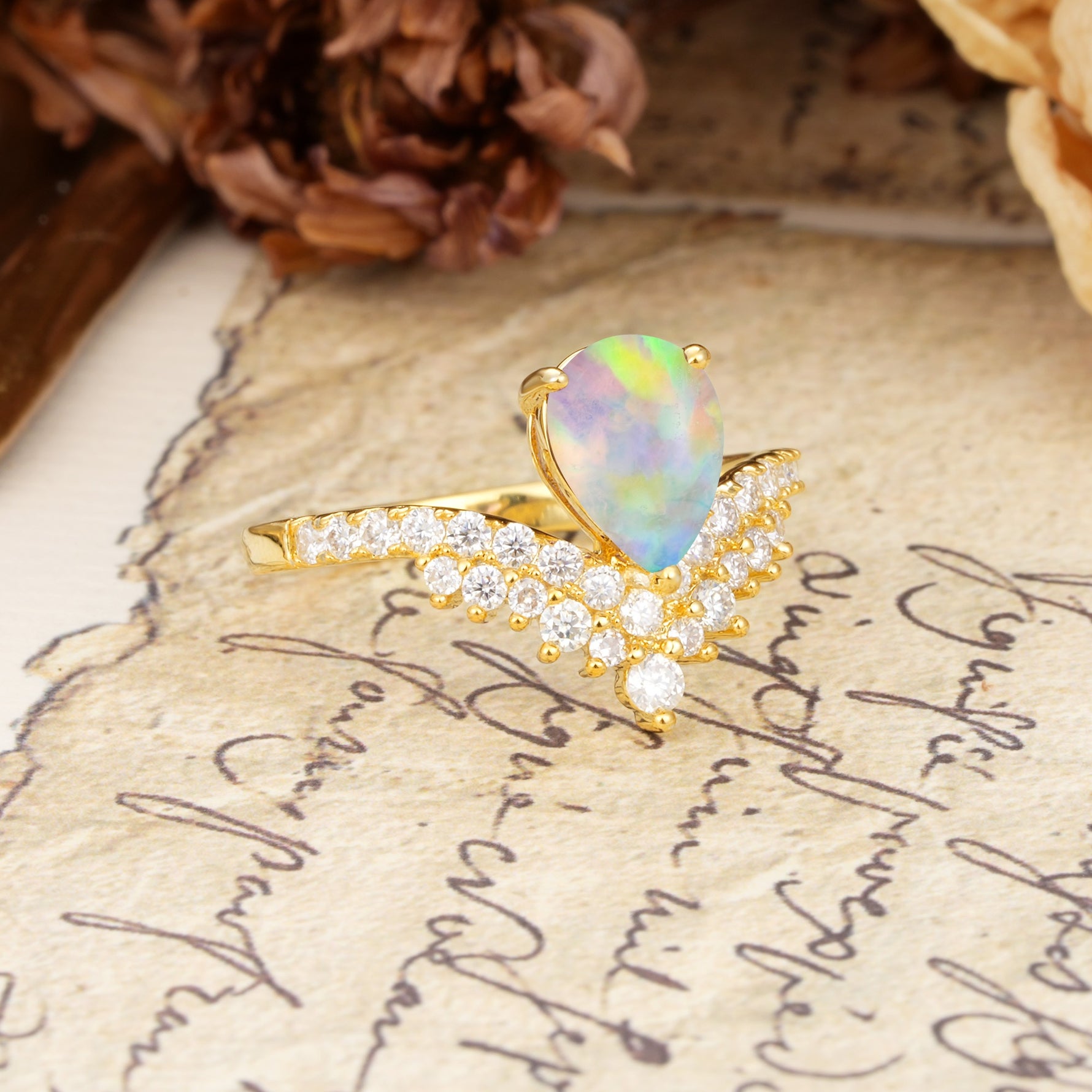 Unique Crown Three-Prong Pear Cut Fire Opal Engagement Ring - Additional view