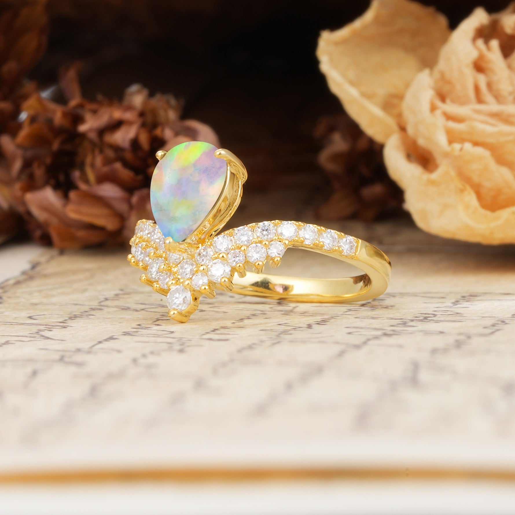 Unique Crown Three-Prong Pear Cut Fire Opal Engagement Ring - Additional view