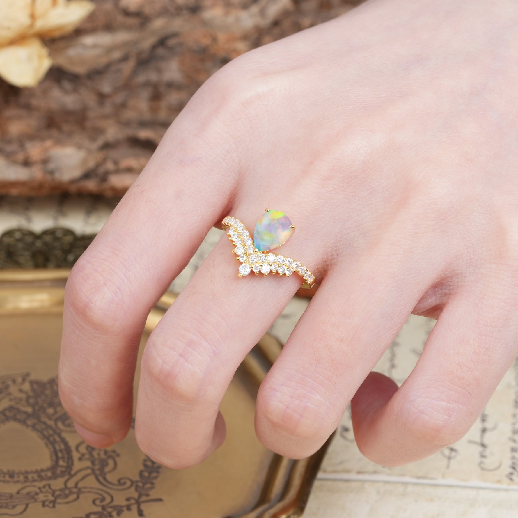 Unique Crown Three-Prong Pear Cut Fire Opal Engagement Ring - Additional view