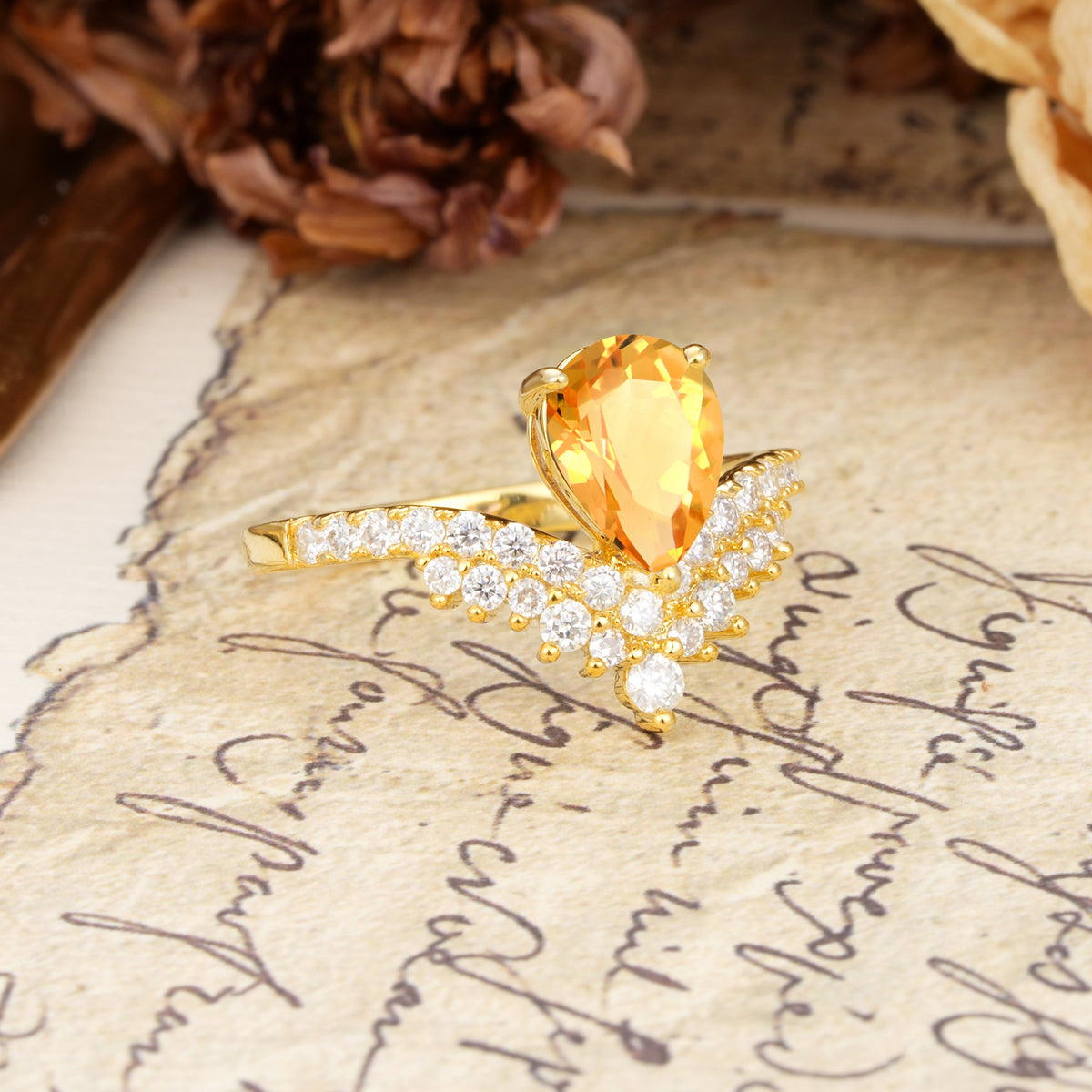 Unique Crown Three-Prong Pear Cut Citrine Engagement Ring - Additional view