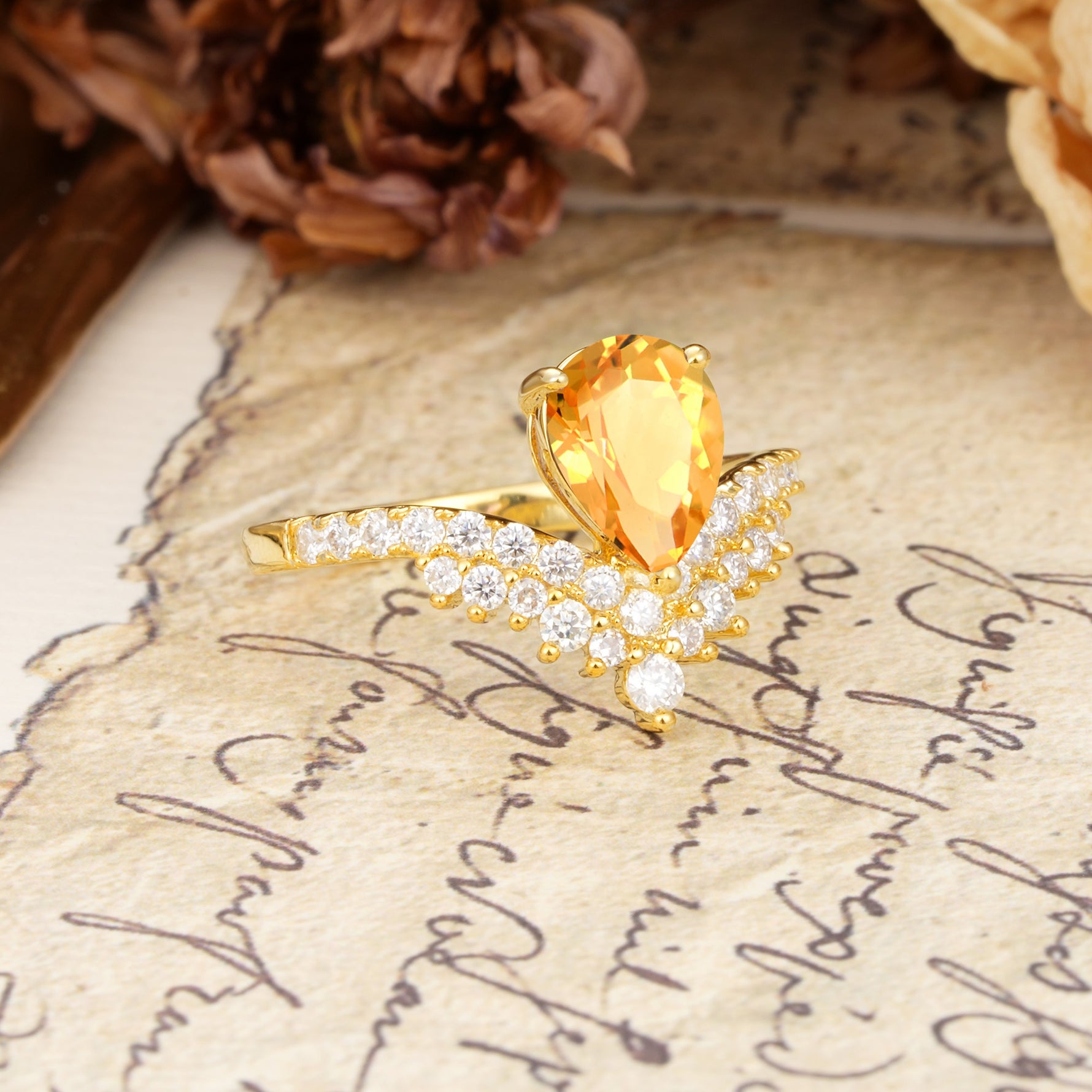 Unique Crown Three-Prong Pear Cut Citrine Engagement Ring - Additional view