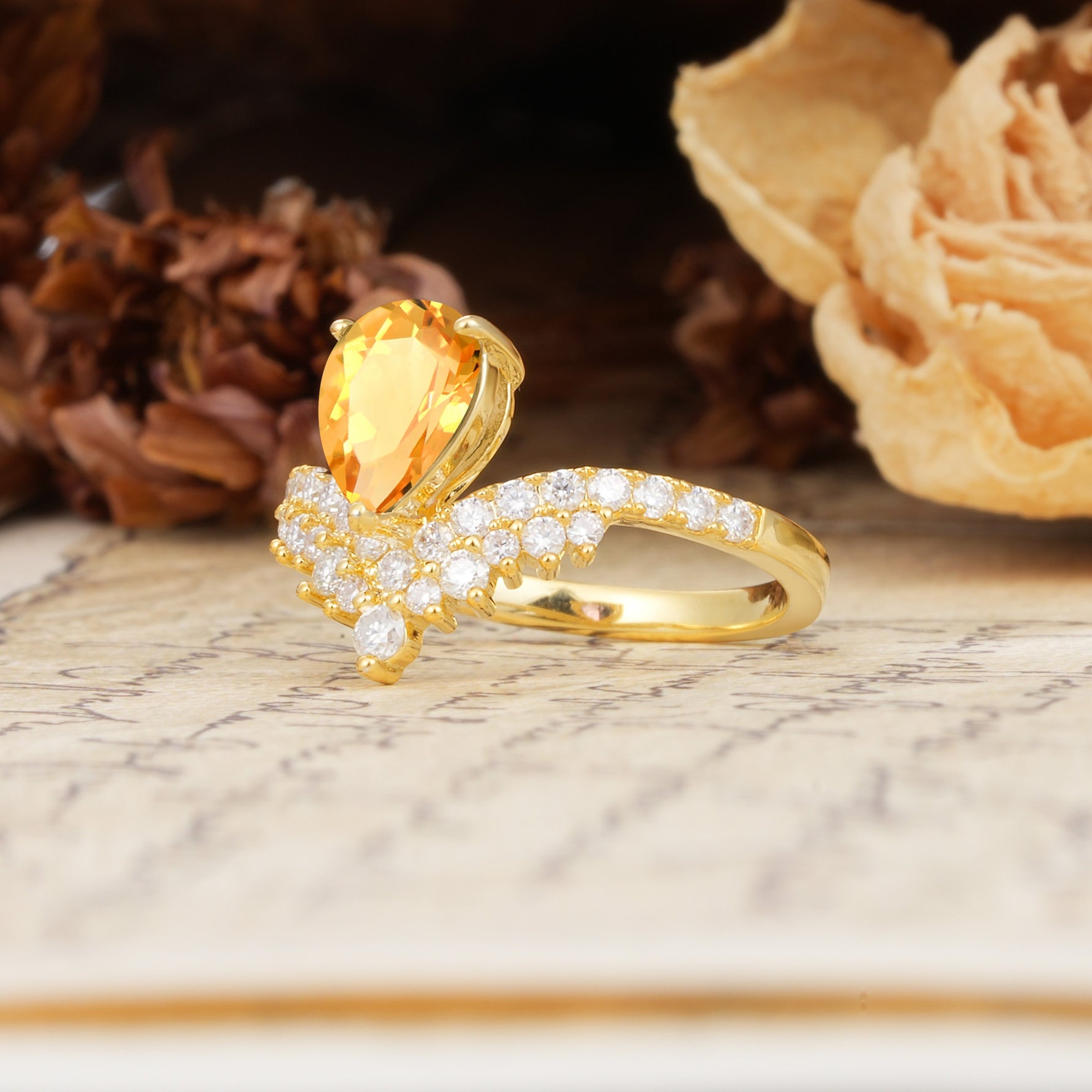 Unique Crown Three-Prong Pear Cut Citrine Engagement Ring - Additional view