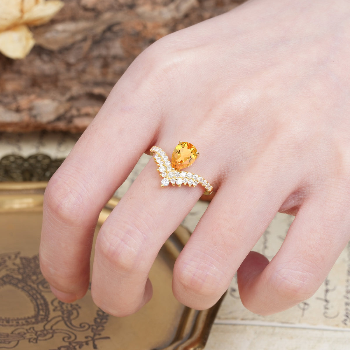 Unique Crown Three-Prong Pear Cut Citrine Engagement Ring - Additional view