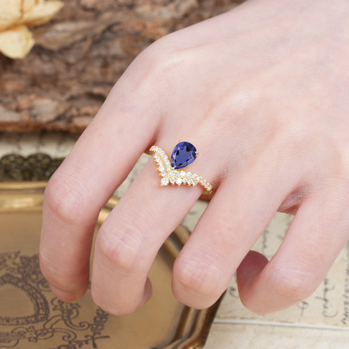 Unique Crown Three-Prong Pear Cut Tanzanite Engagement Ring - Additional view