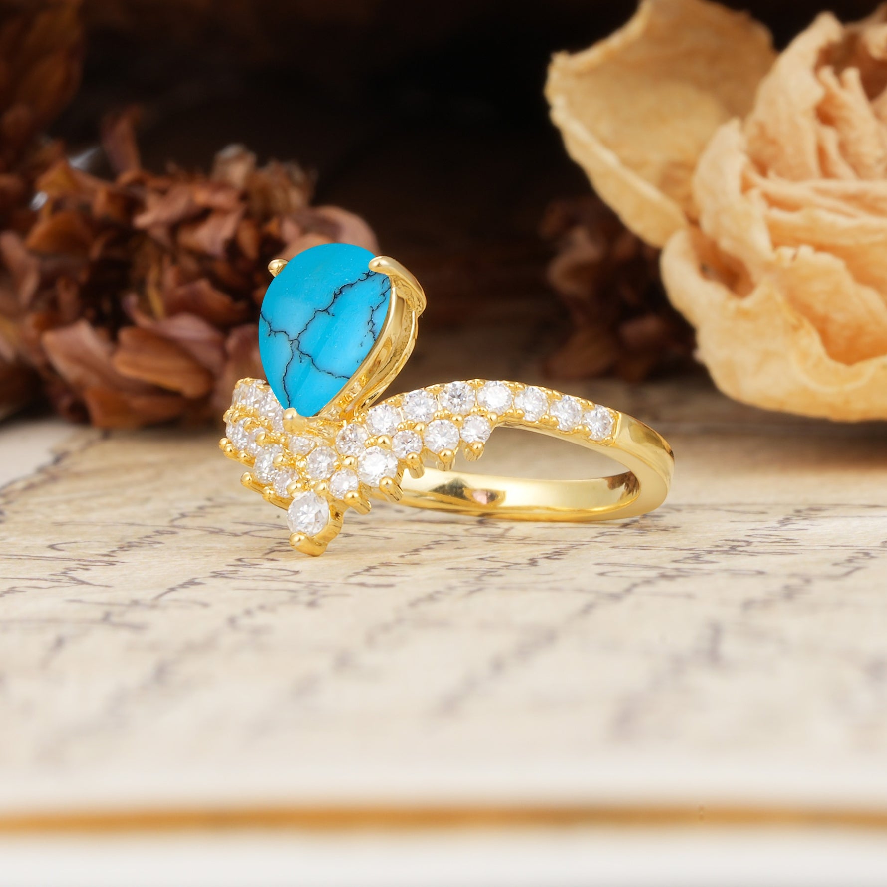 Unique Crown Three-Prong Pear Cut Turquoise Engagement Ring - Additional view